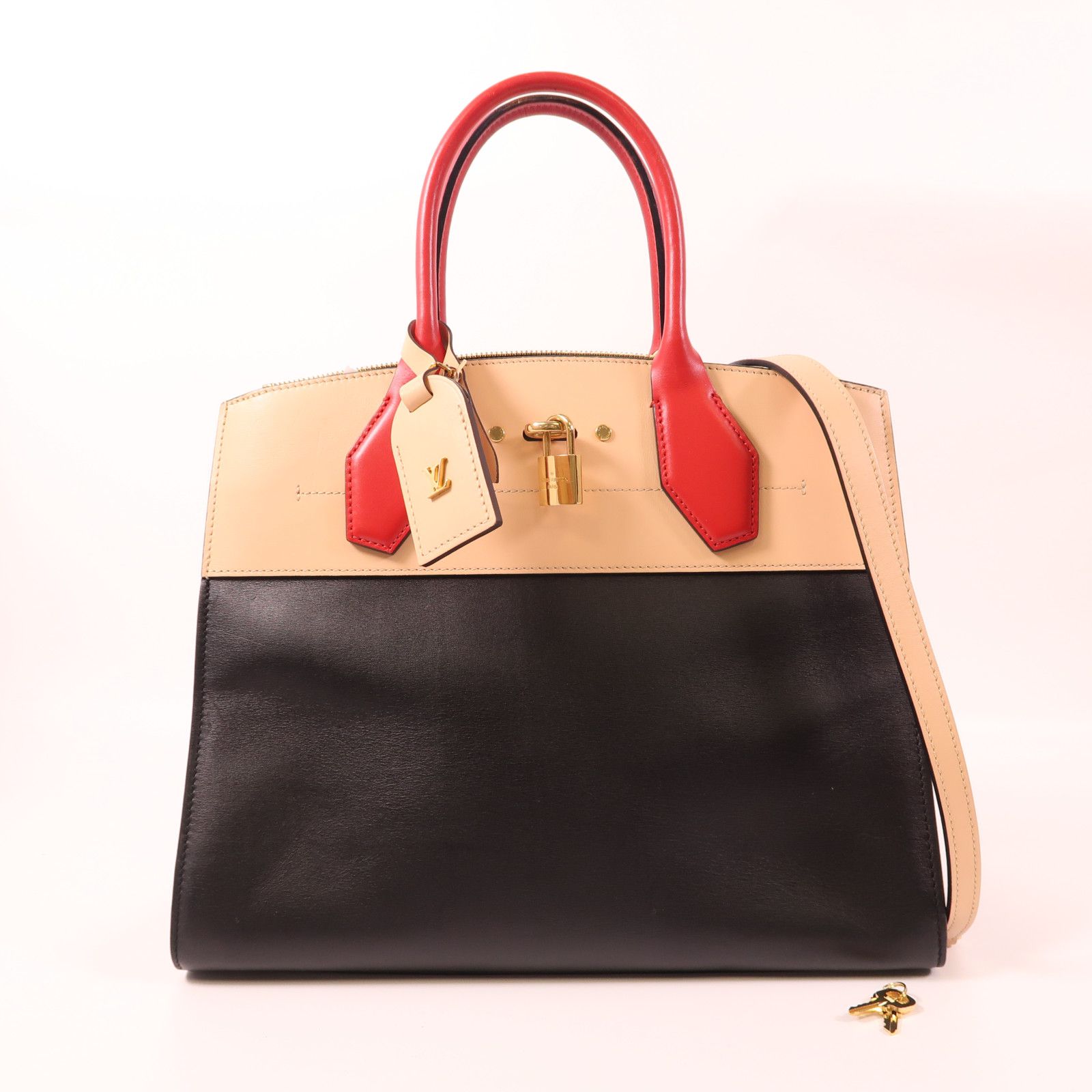 Louis Vuitton Cowhide Leather City Steamer Mm Hand-turn Shoulder Bag Black Beige Red 2way Shoulder Bag M 42190