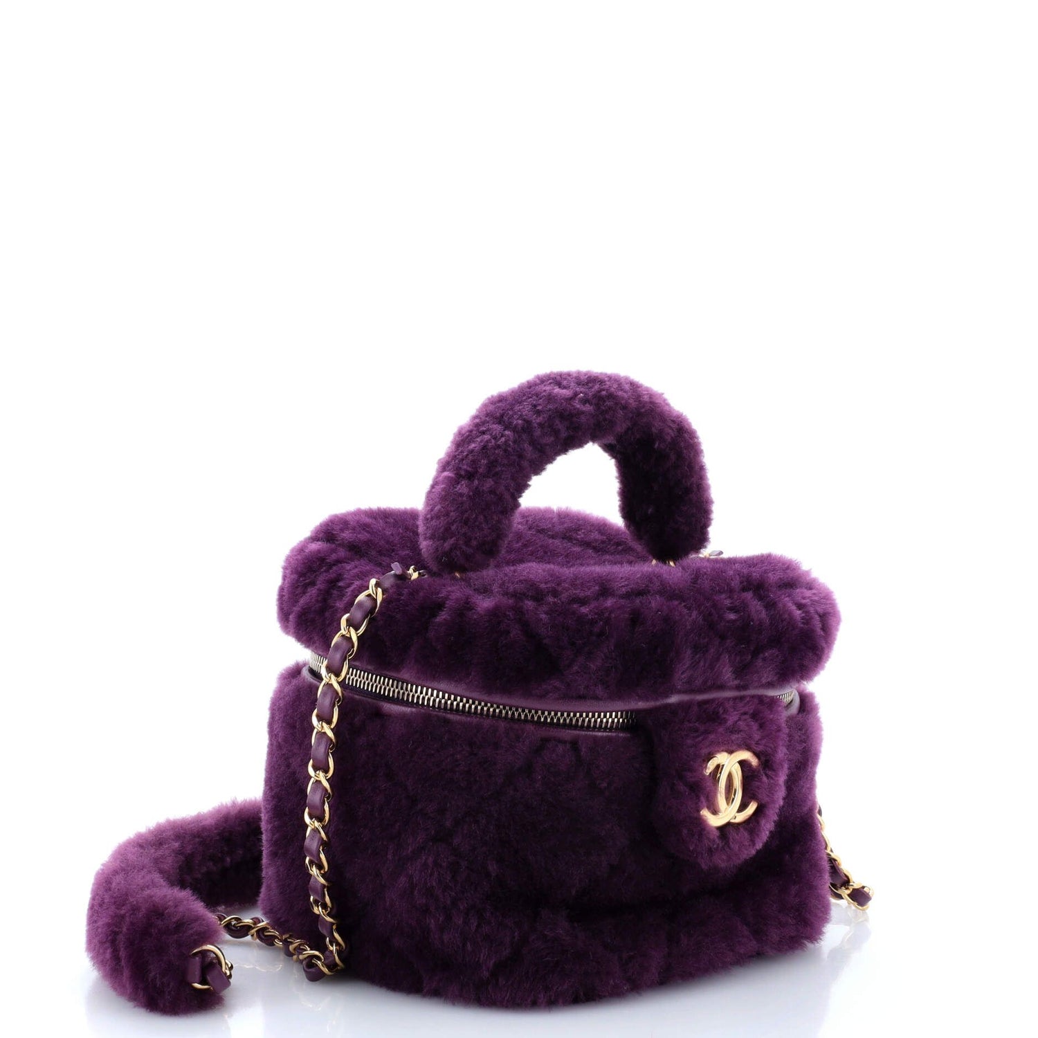 Chanel Coconing Top Handle Vanity Case With Chain Quilted Shearling Small