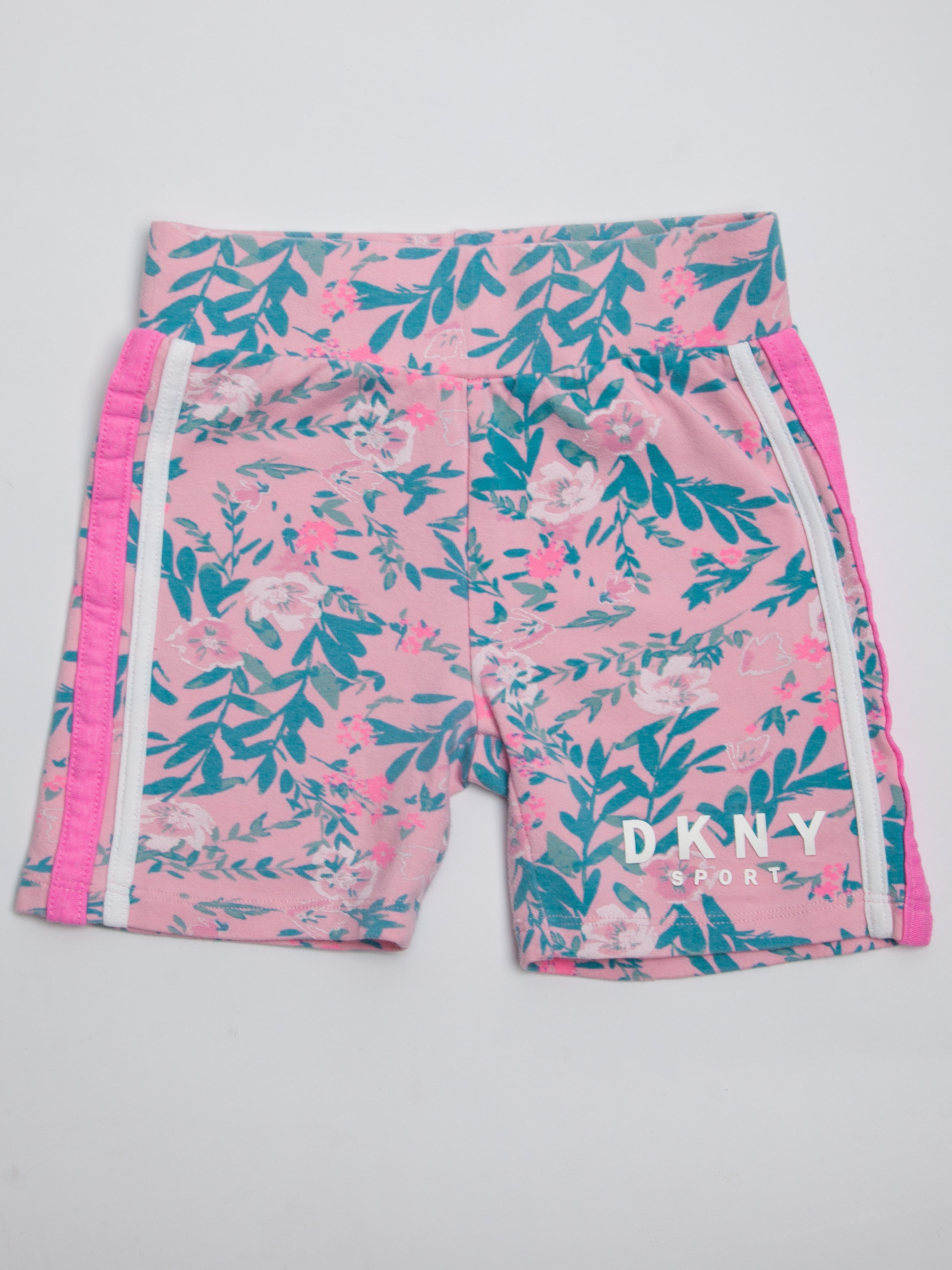 Good DKNY Pink Floral Kids Shorts Size 5 with Logo