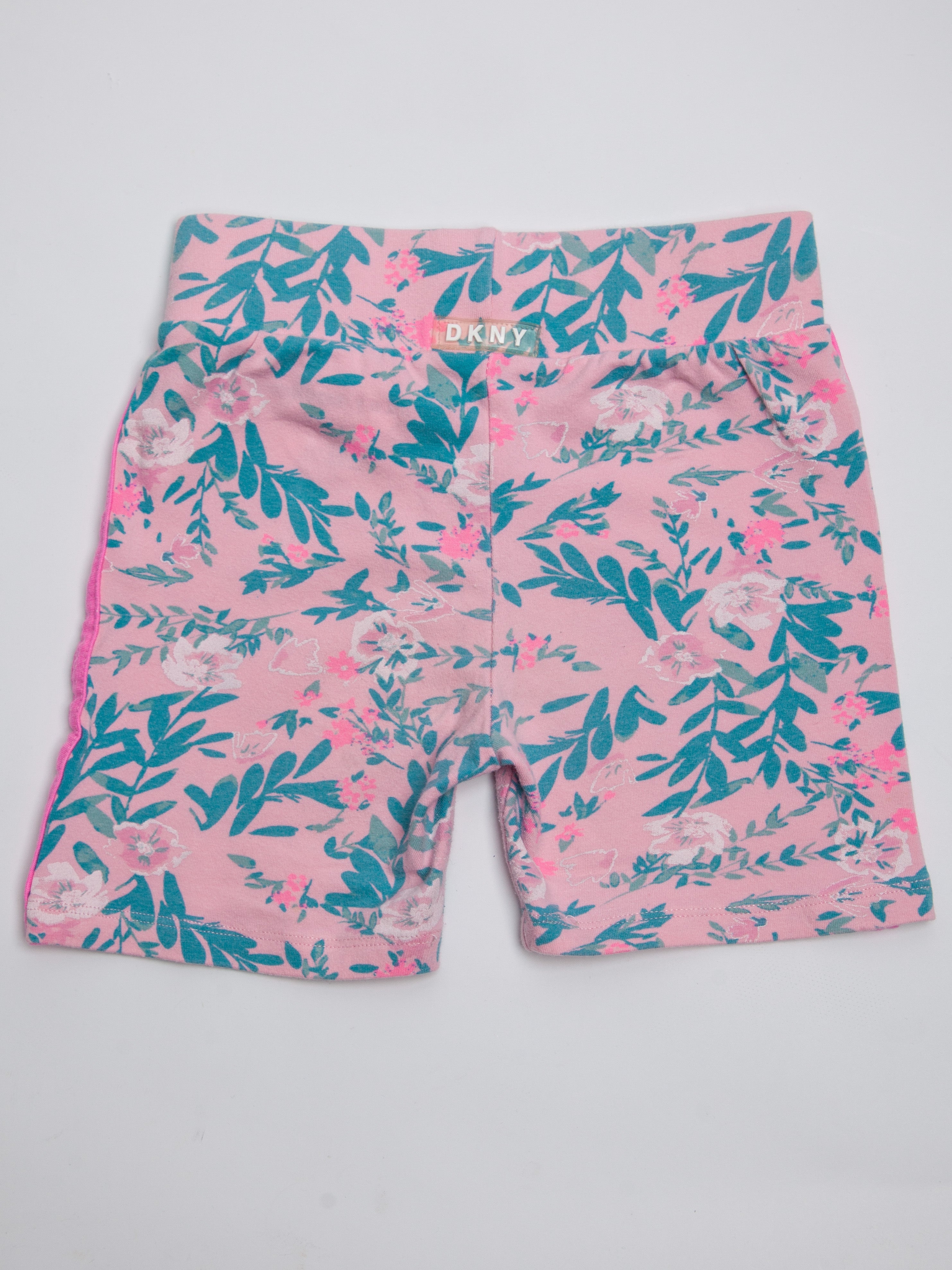 Good DKNY Pink Floral Kids Shorts Size 5 with Logo