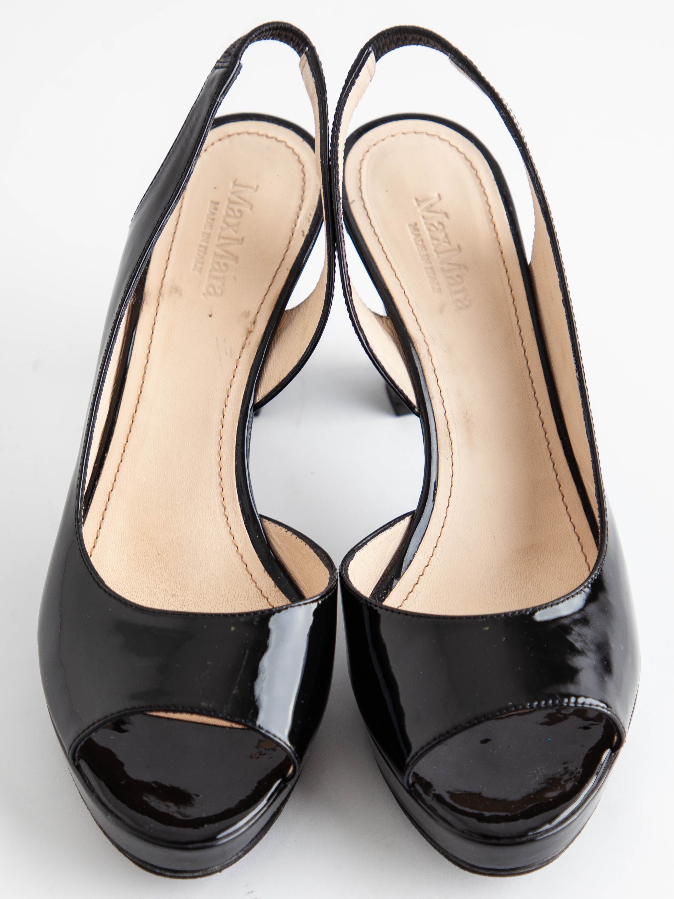 Good Max Mara Black Lacquer Slingback High-Heeled Shoes Size 37.5