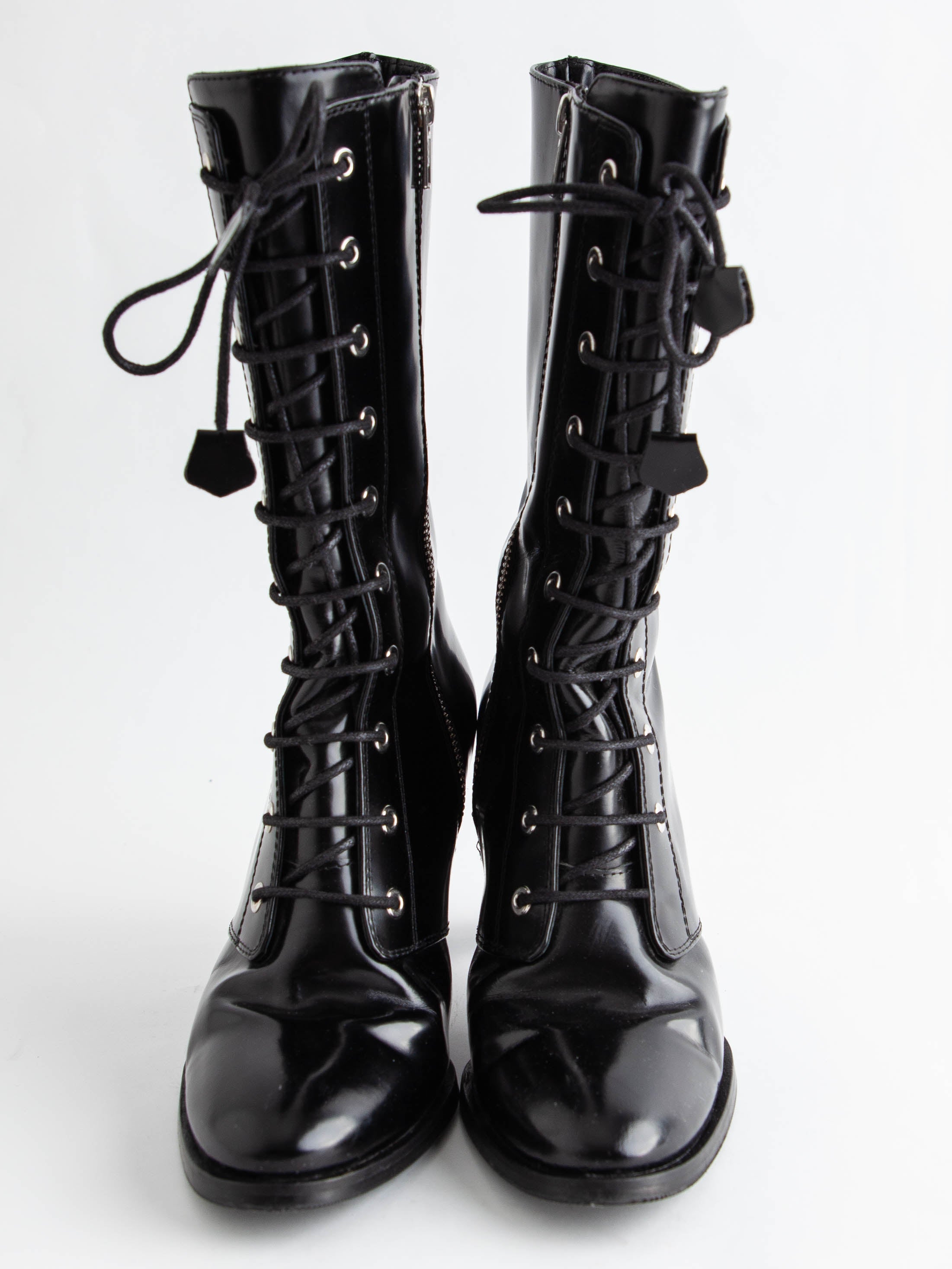 Excellent Beymen Club Black Lacquer High-Heeled Lace-Up Boots Size 36