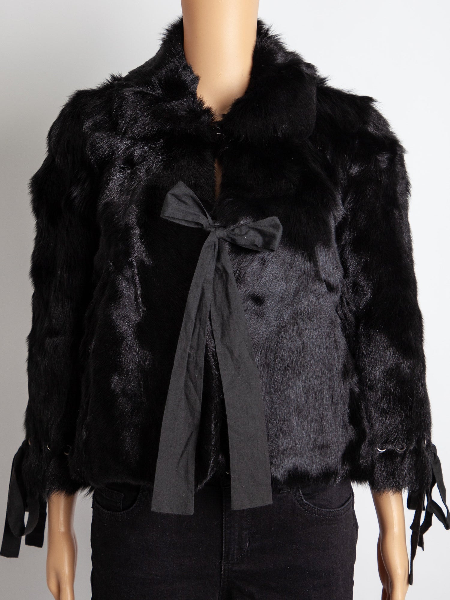 Good Red Valentino Black Fur Jacket Size M with Bow Tie Details