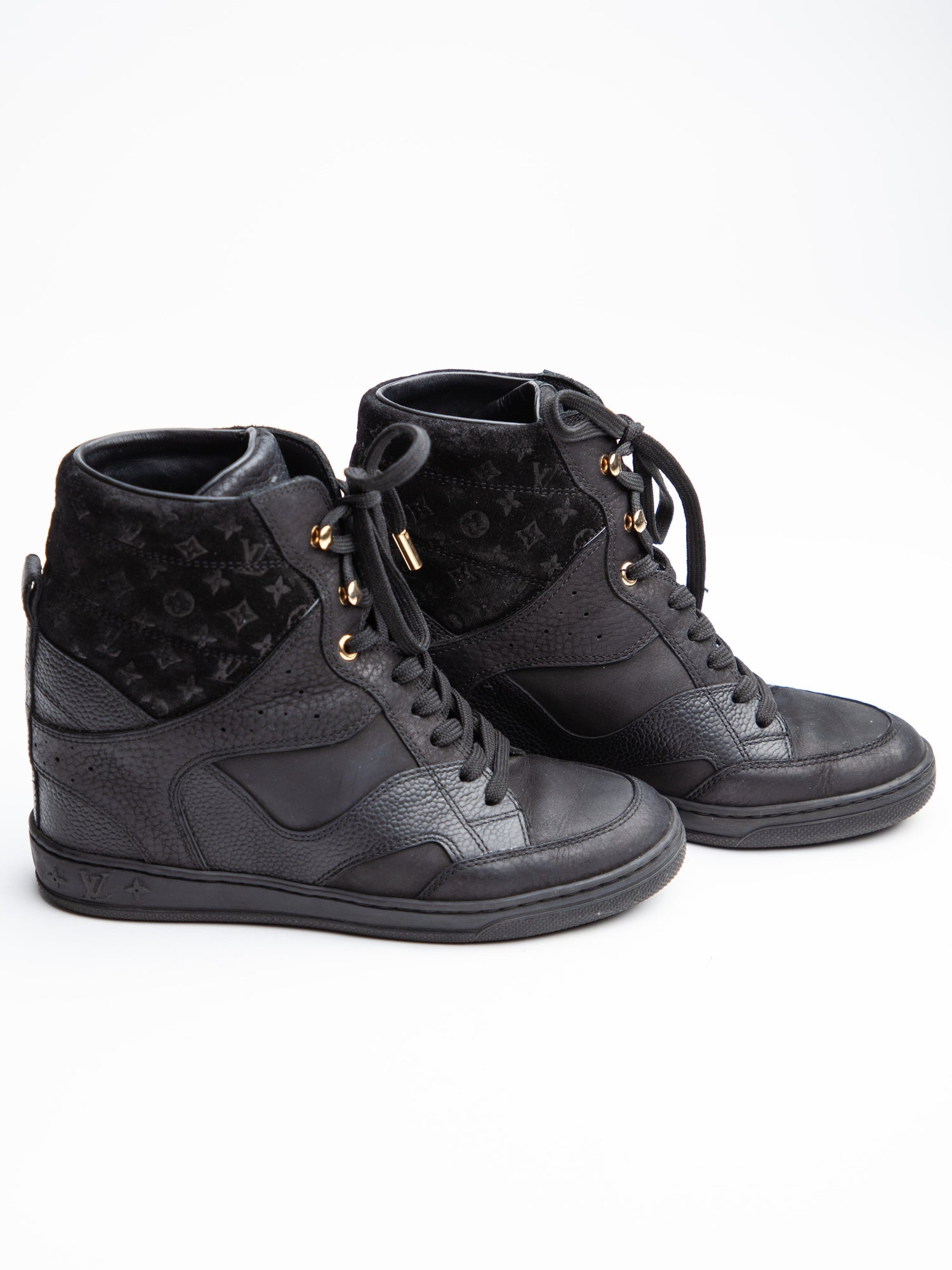 Good Louis Vuitton Black Leather High-Top Sneakers Size 35