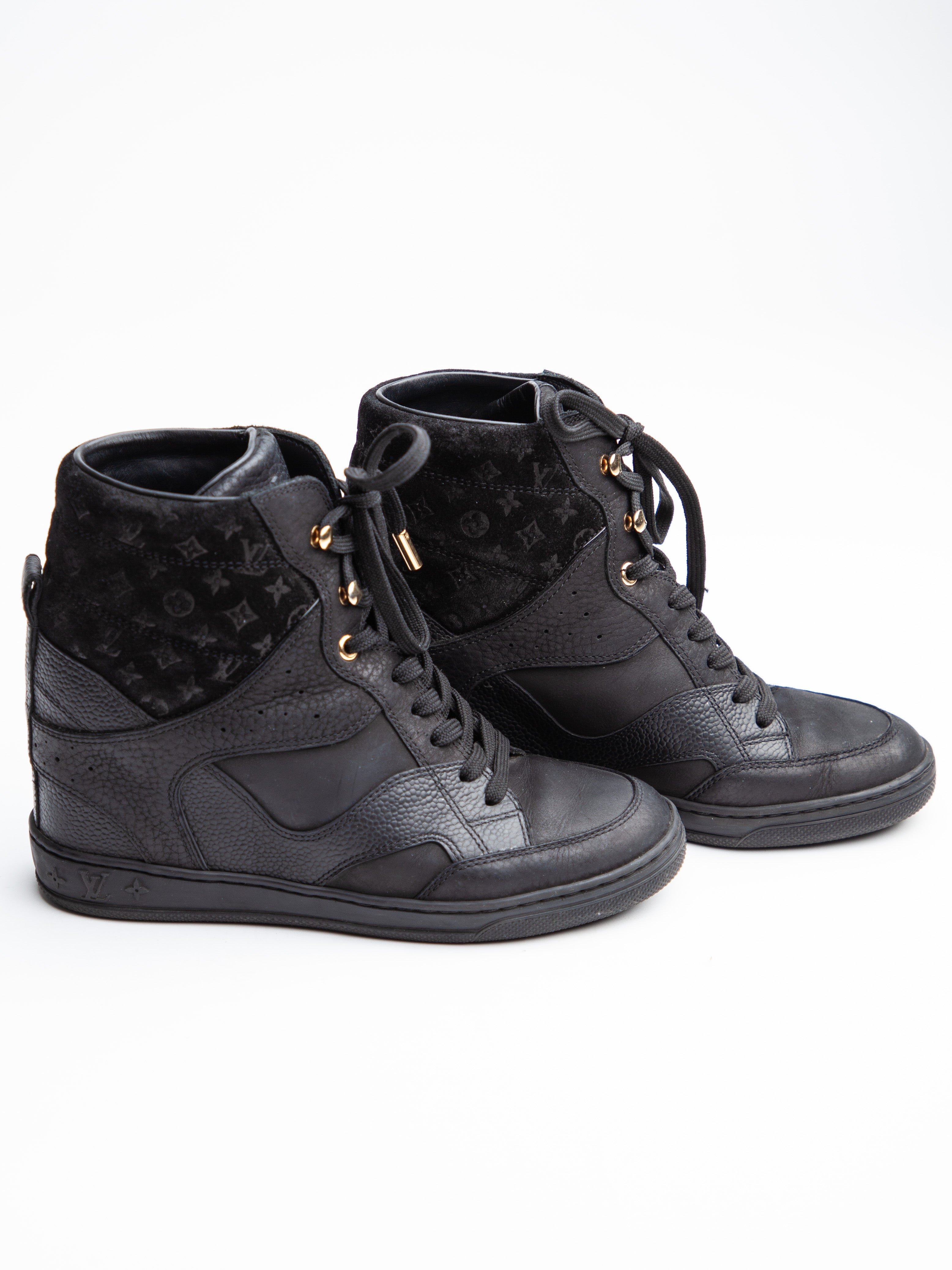 Good Louis Vuitton Black Leather High-Top Sneakers Size 35
