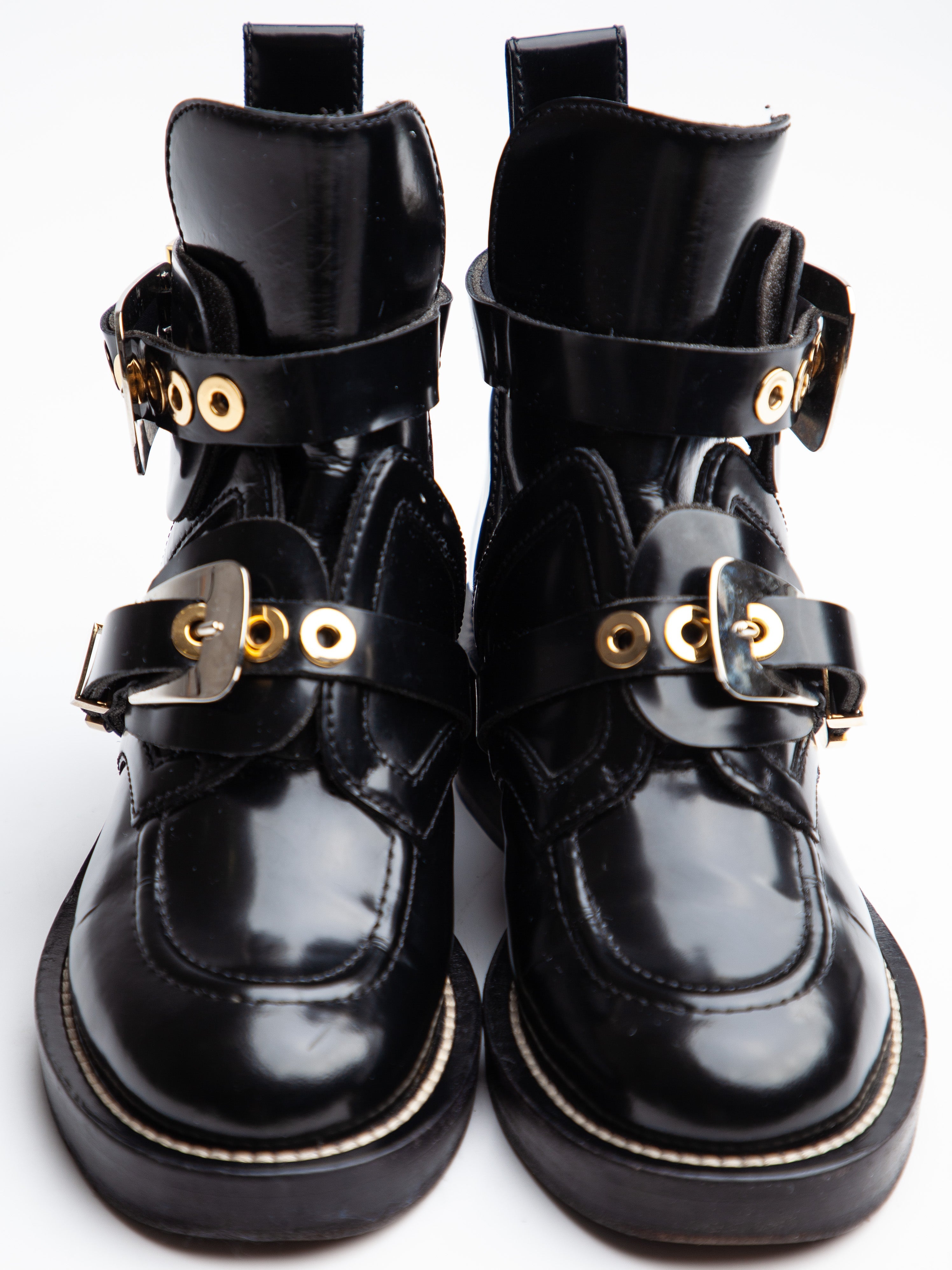 Good Balenciaga Black Leather Ankle Boots Size 35.5 with Buckles