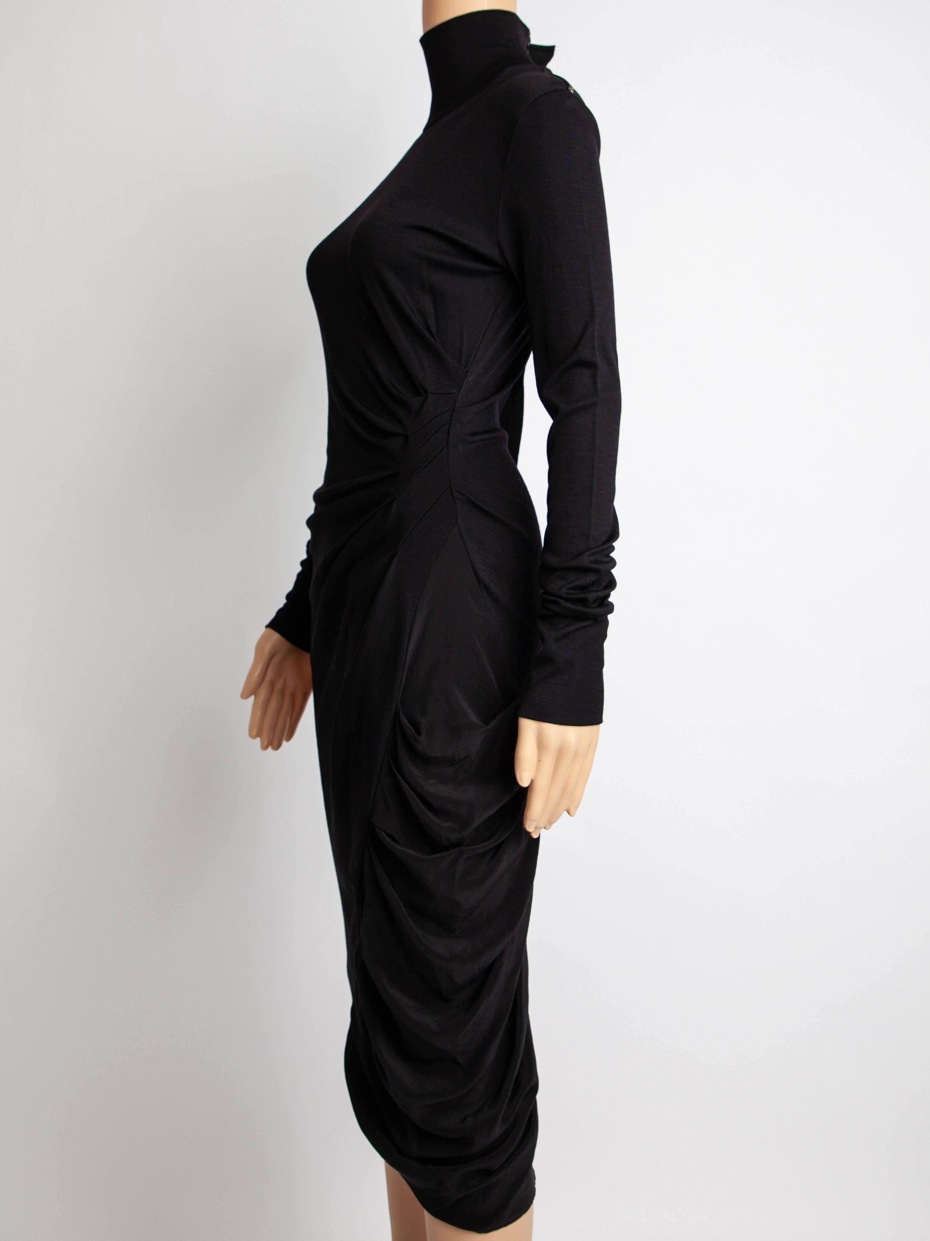 Sportmax Black Silk Long Sleeve Dress with Draped Skirt - Excellent