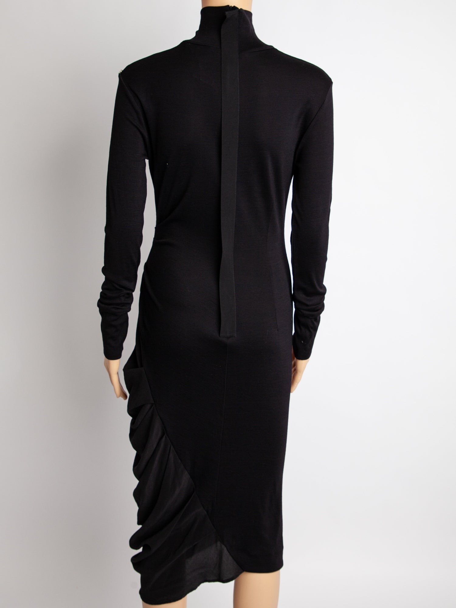 Sportmax Black Silk Long Sleeve Dress with Draped Skirt - Excellent