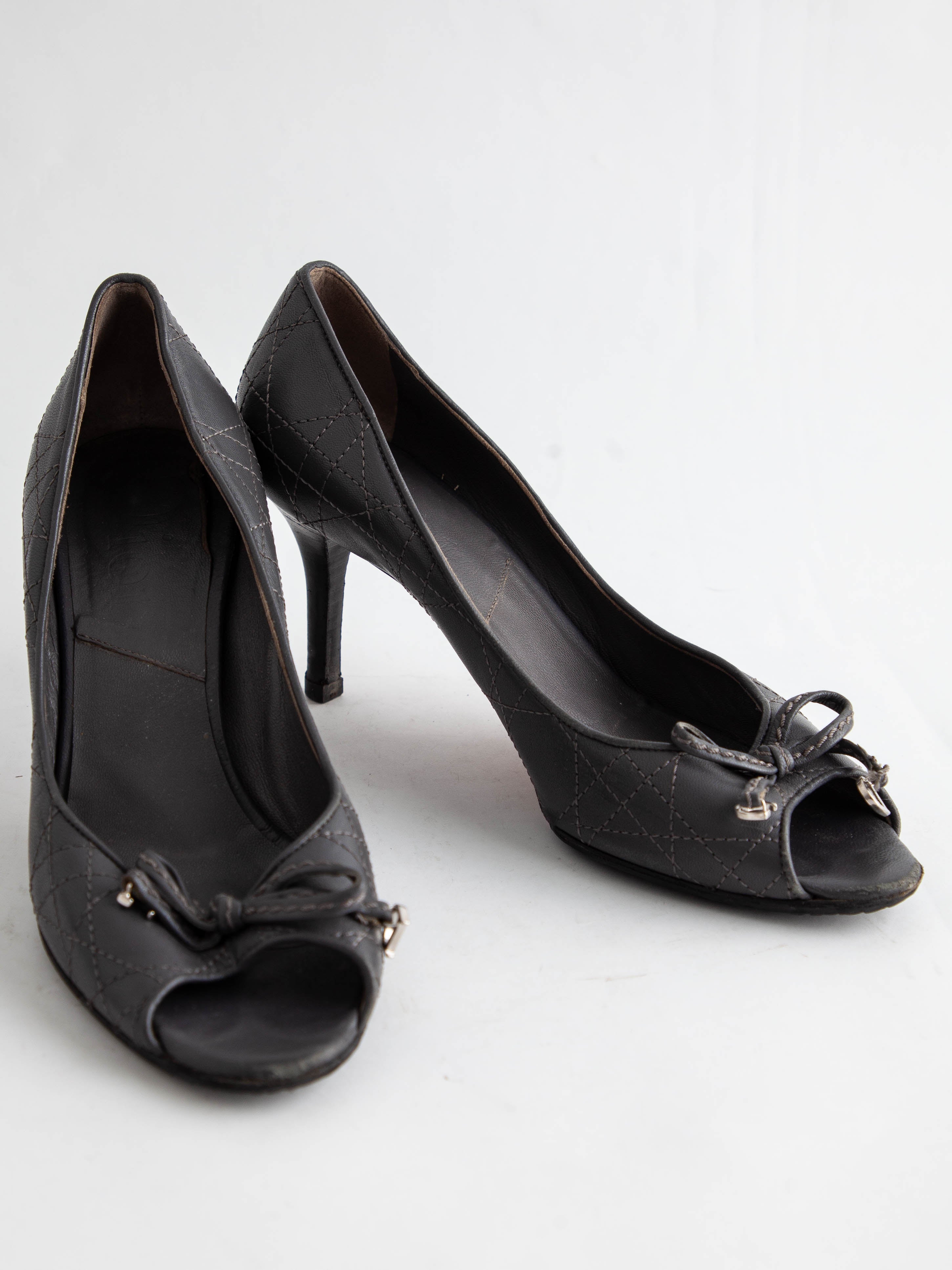 Good Dior Gray Leather Peep-Toe High Heels Size 37.5