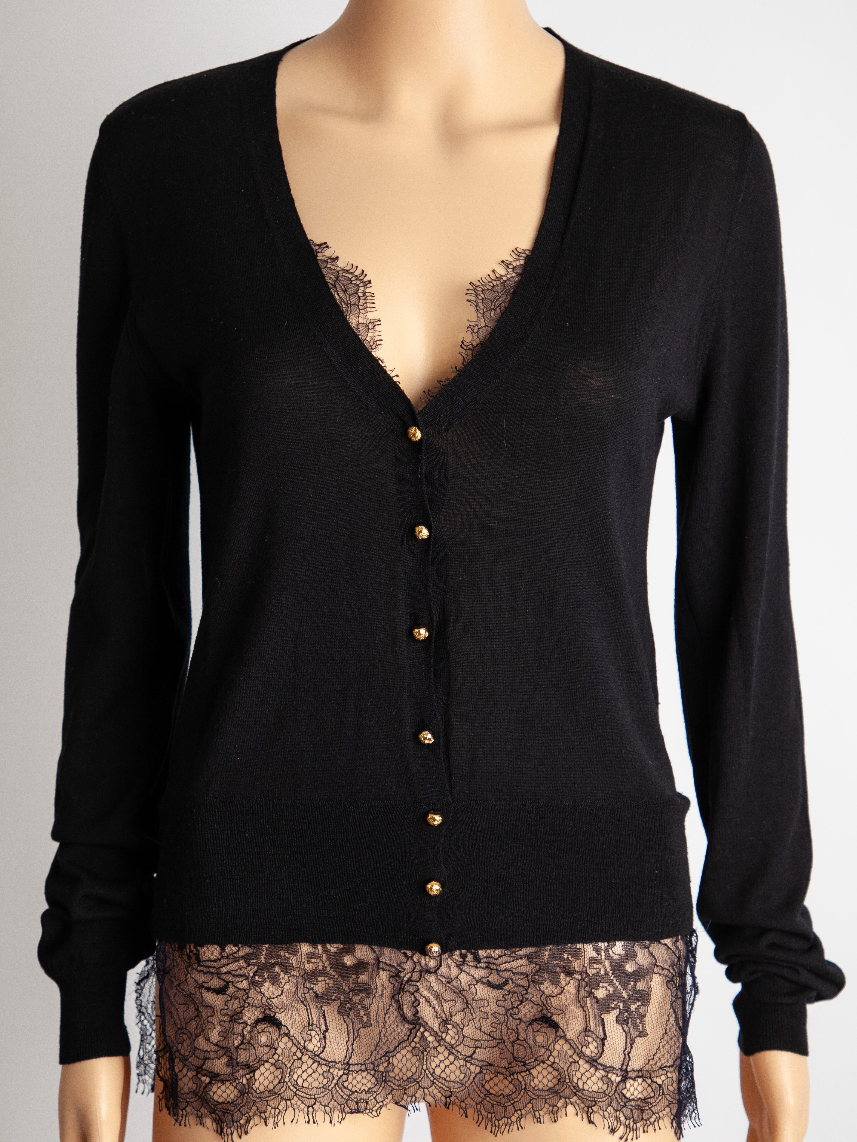 Good Emilio Pucci Black Cardigan XS V-Neck Lace Detailing