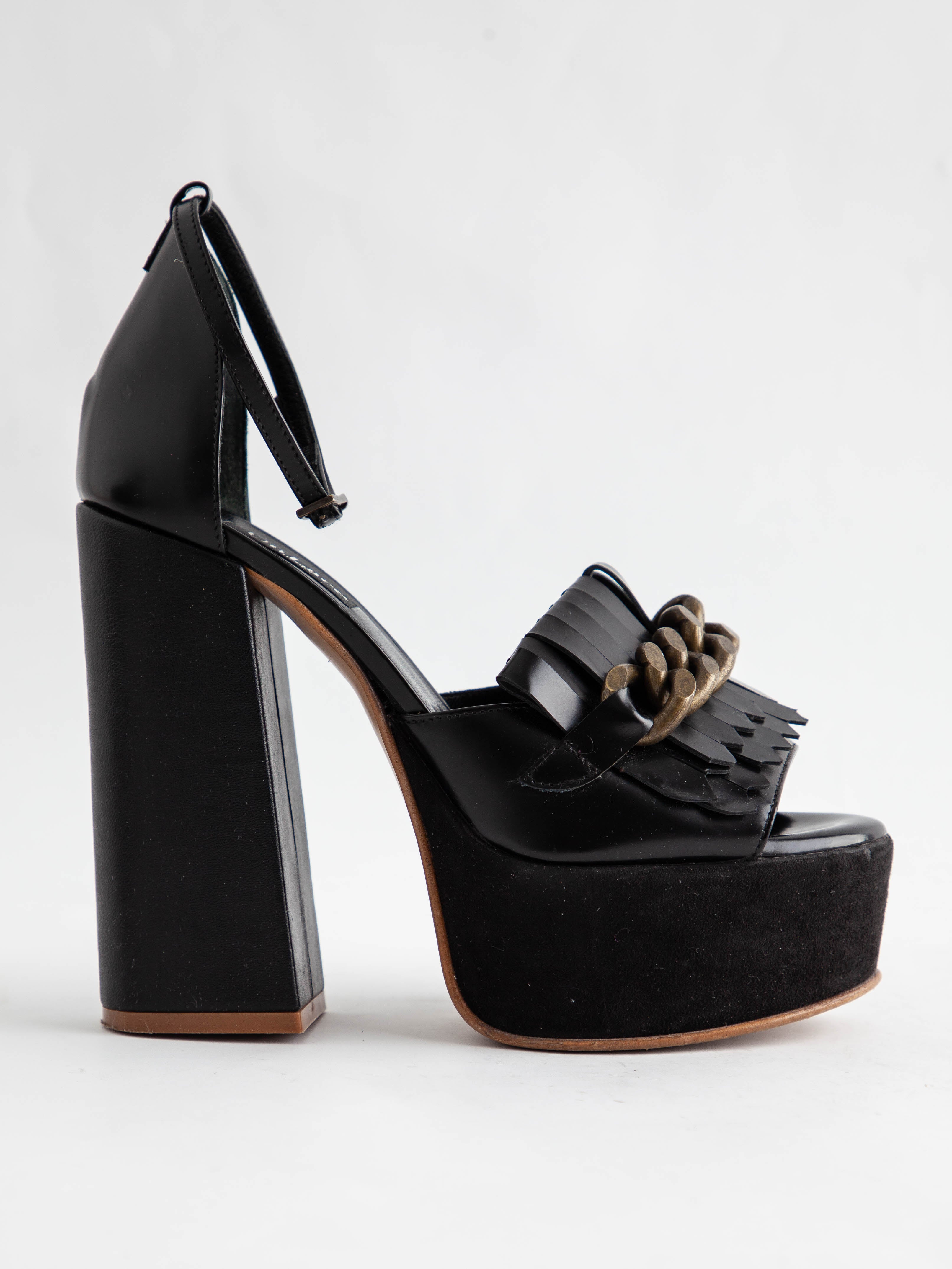 Good UnLace Black High-Heeled Platform Shoes Leather Women