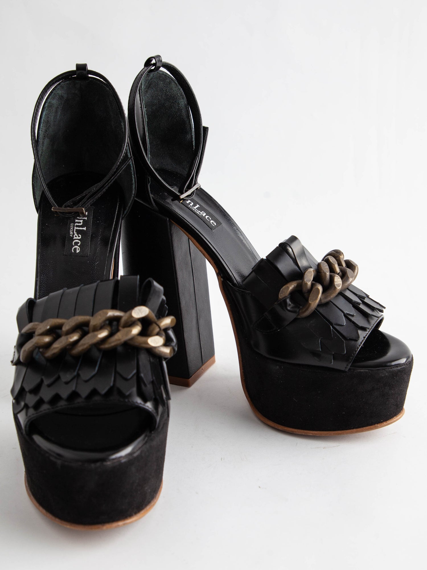 Good UnLace Black High-Heeled Platform Shoes Leather Women