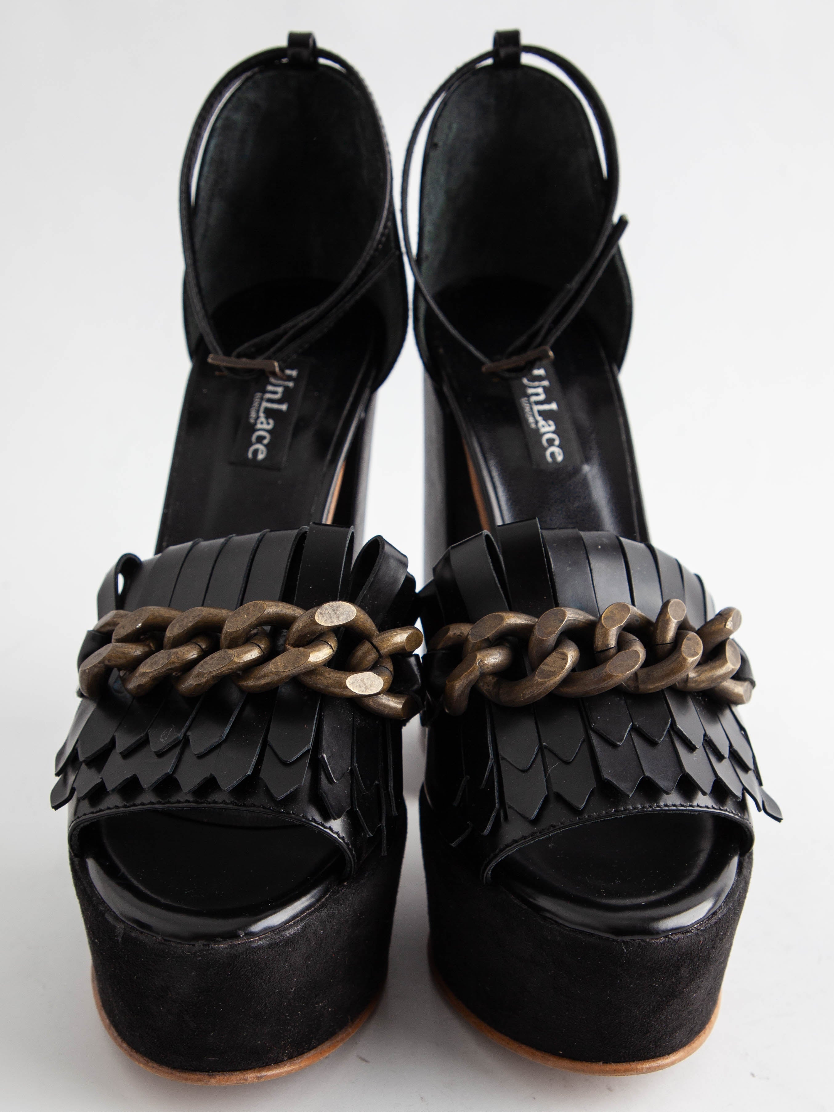 Good UnLace Black High-Heeled Platform Shoes Leather Women