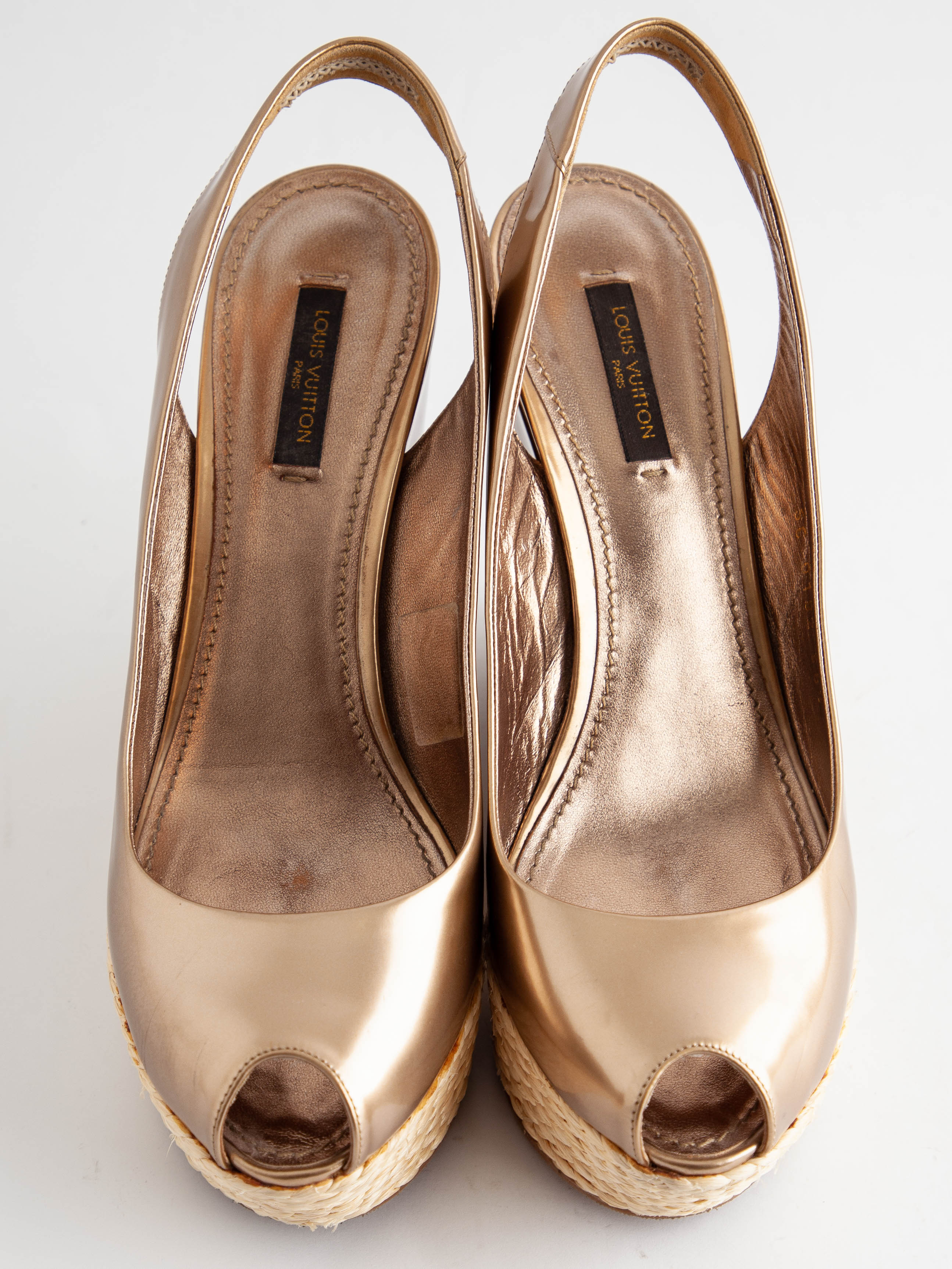 Good Louis Vuitton Yellow Wedge Sandals Size 37.5 Metallic Lacquer