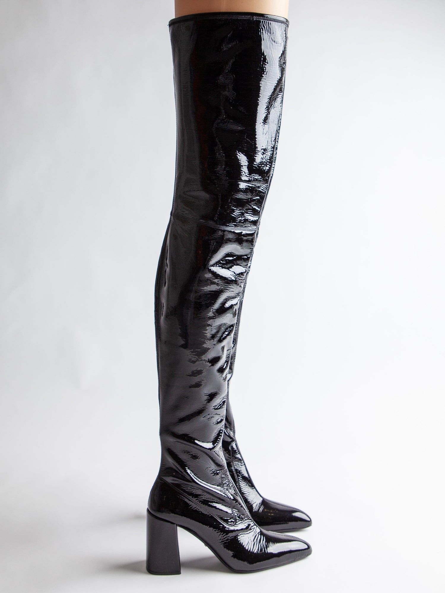 EXCELLENT Prada Black Lacquer Over-the-Knee Boots Block Heel