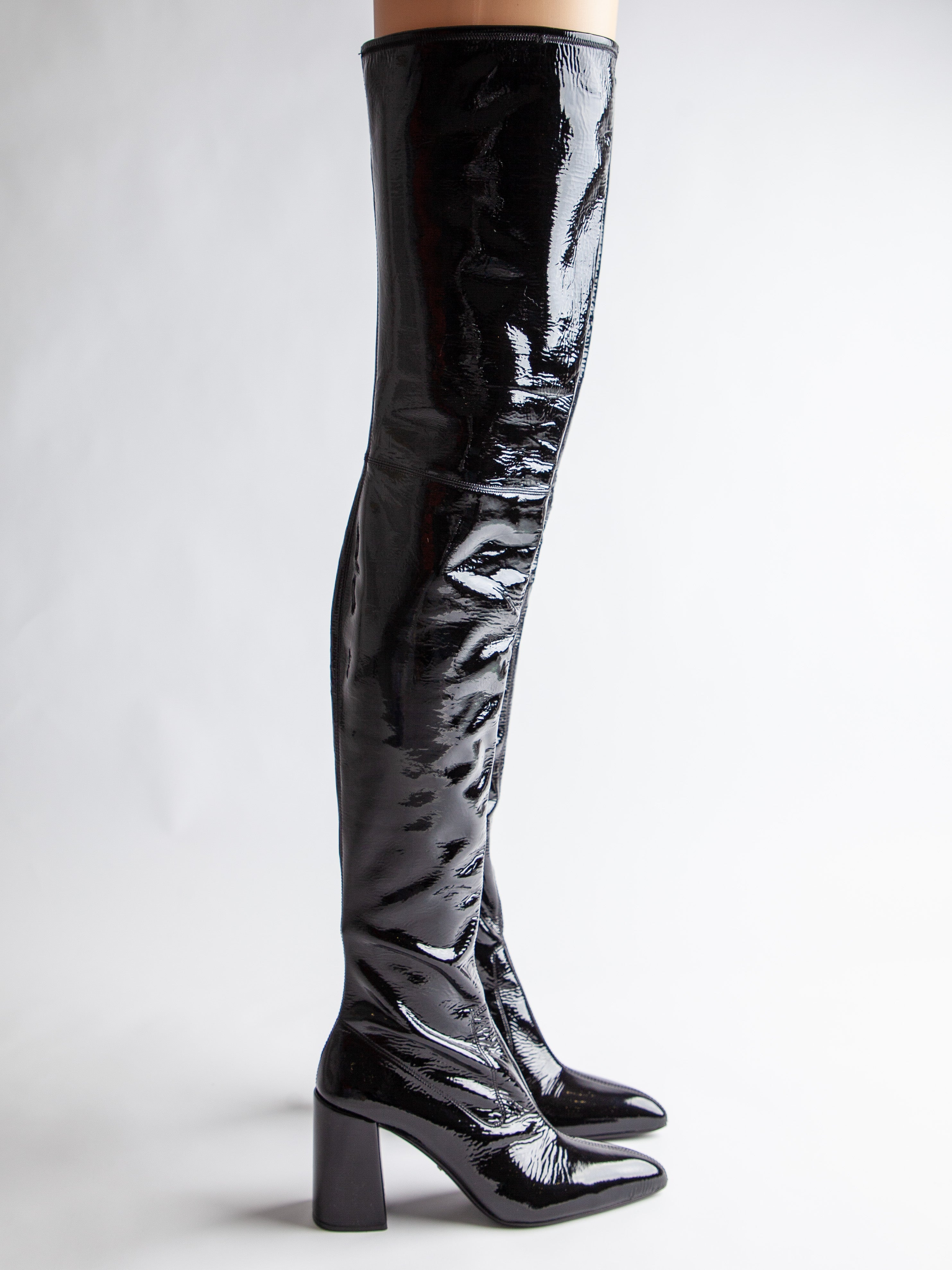 EXCELLENT Prada Black Lacquer Over-the-Knee Boots Block Heel