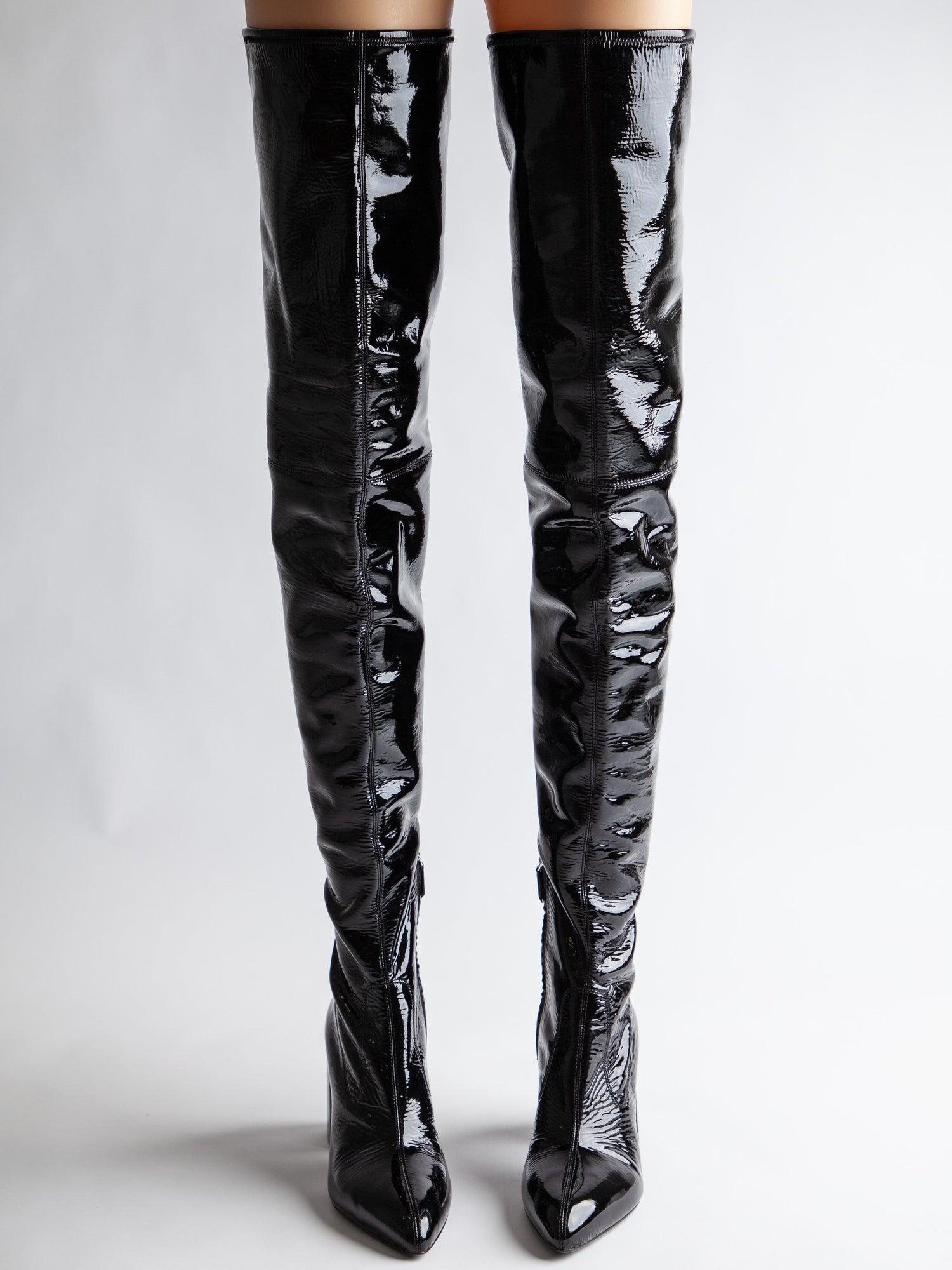 EXCELLENT Prada Black Lacquer Over-the-Knee Boots Block Heel