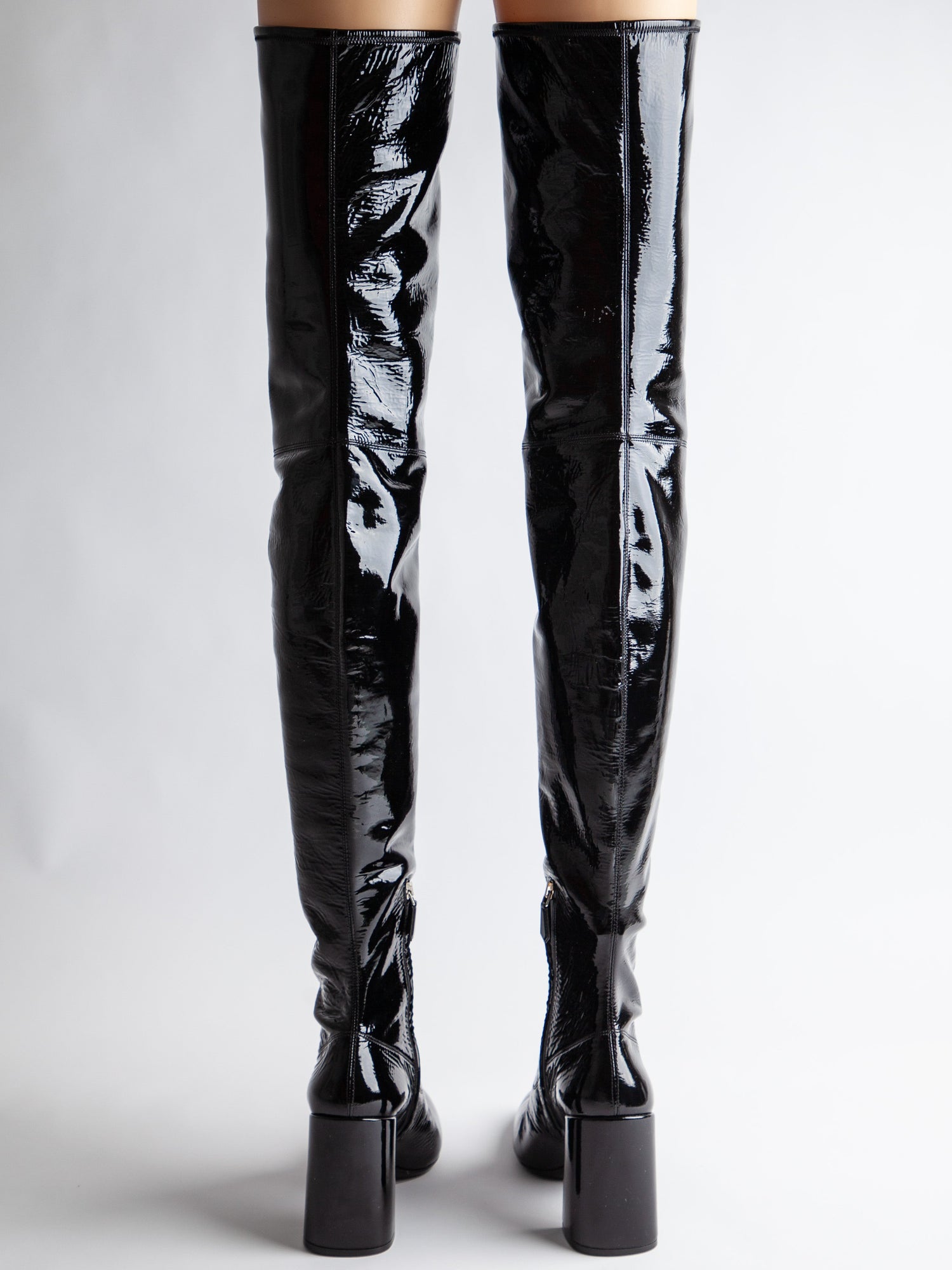 EXCELLENT Prada Black Lacquer Over-the-Knee Boots Block Heel
