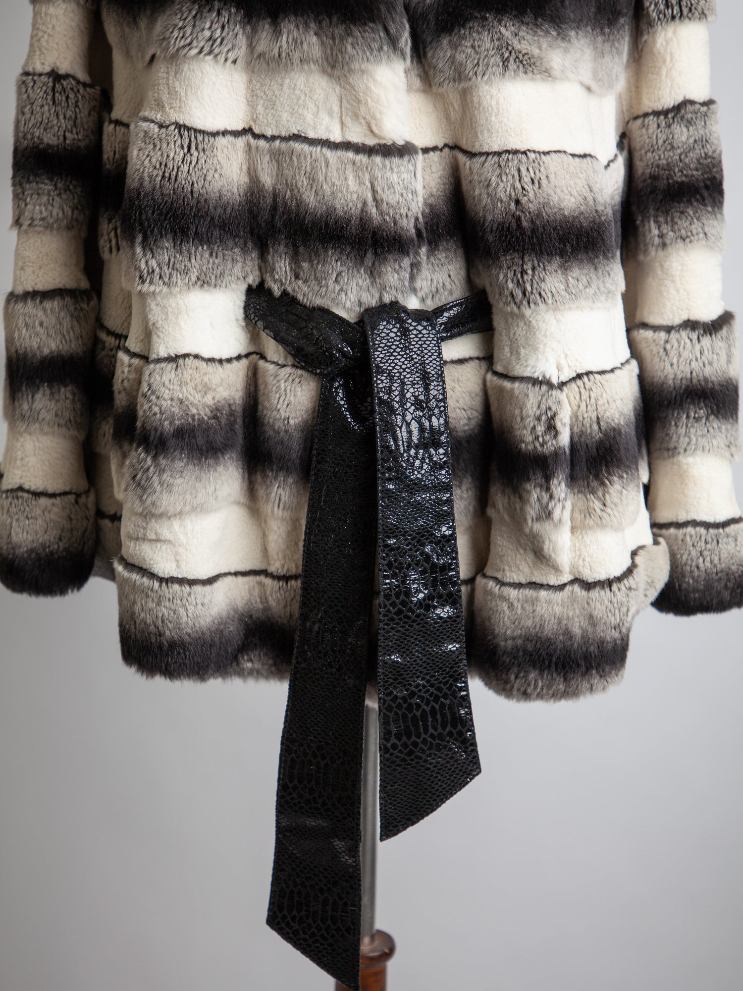 Good Cassie Gray Striped Fur Coat with Hood and Belt, Size XXS