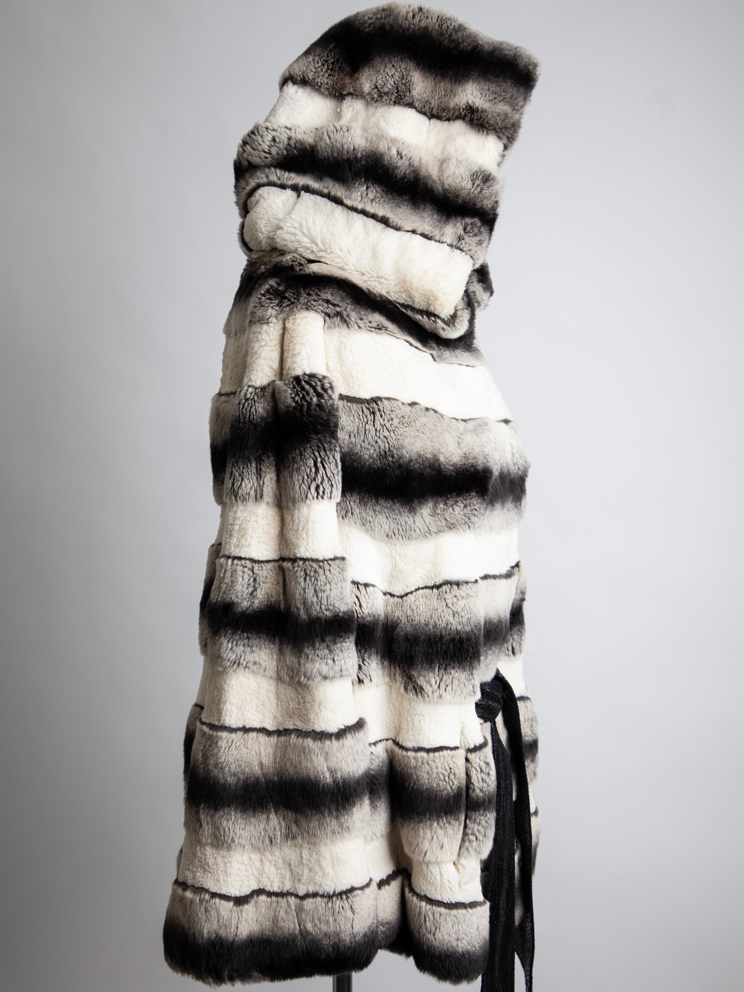 Good Cassie Gray Striped Fur Coat with Hood and Belt, Size XXS