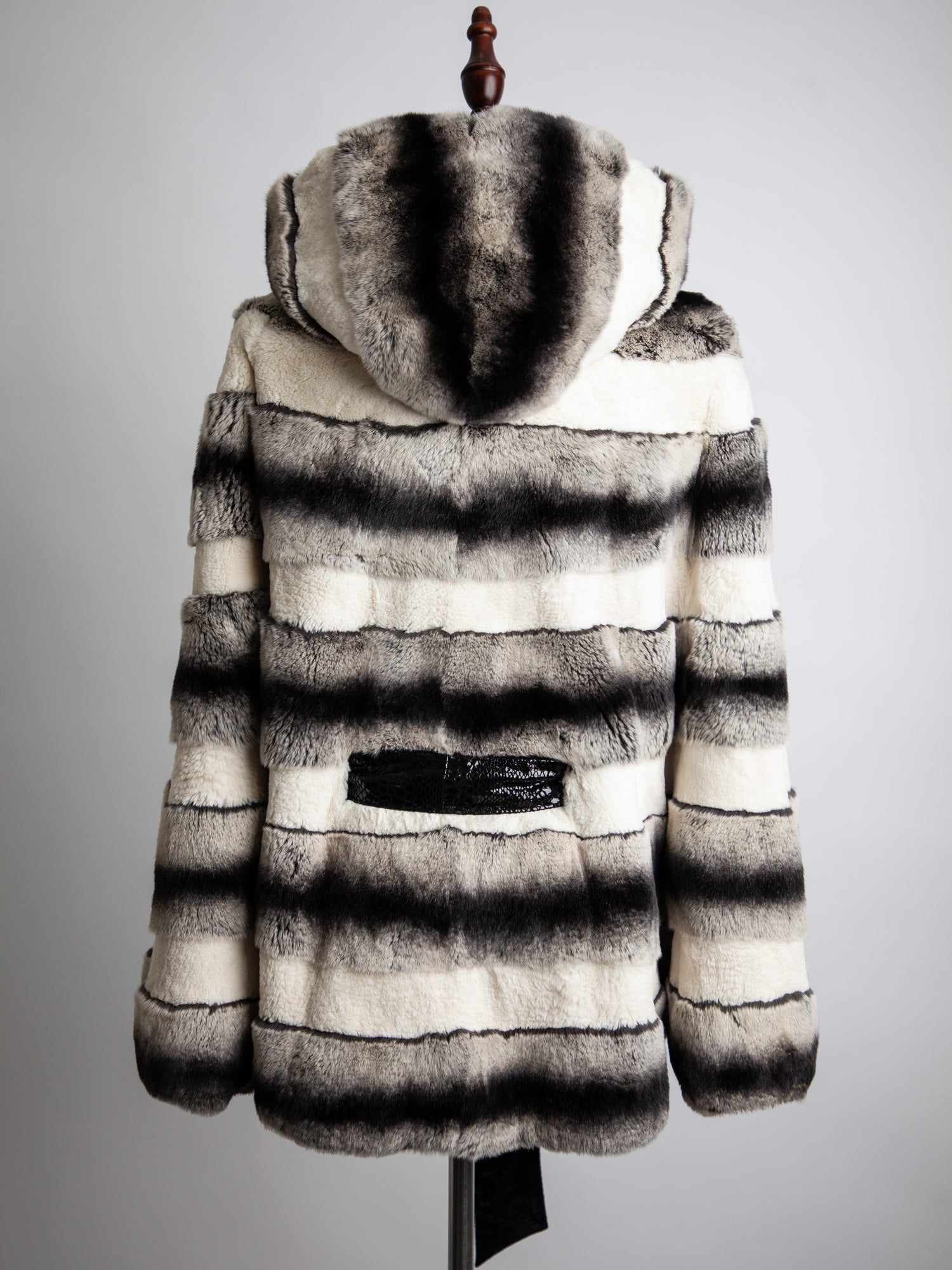 Good Cassie Gray Striped Fur Coat with Hood and Belt, Size XXS