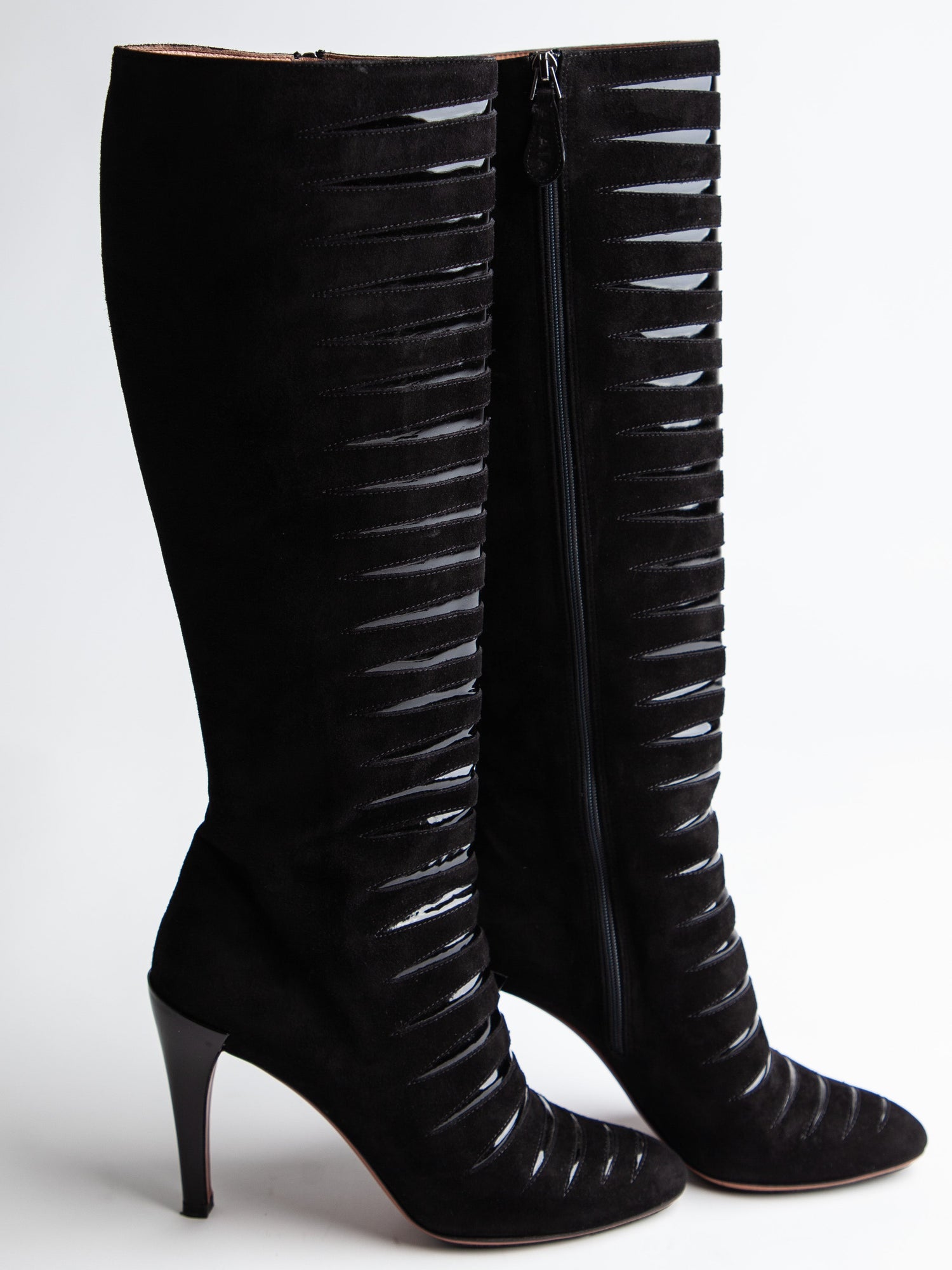 Good Alaia Black Genuine Suede Knee-High Boots with Glossy Bands