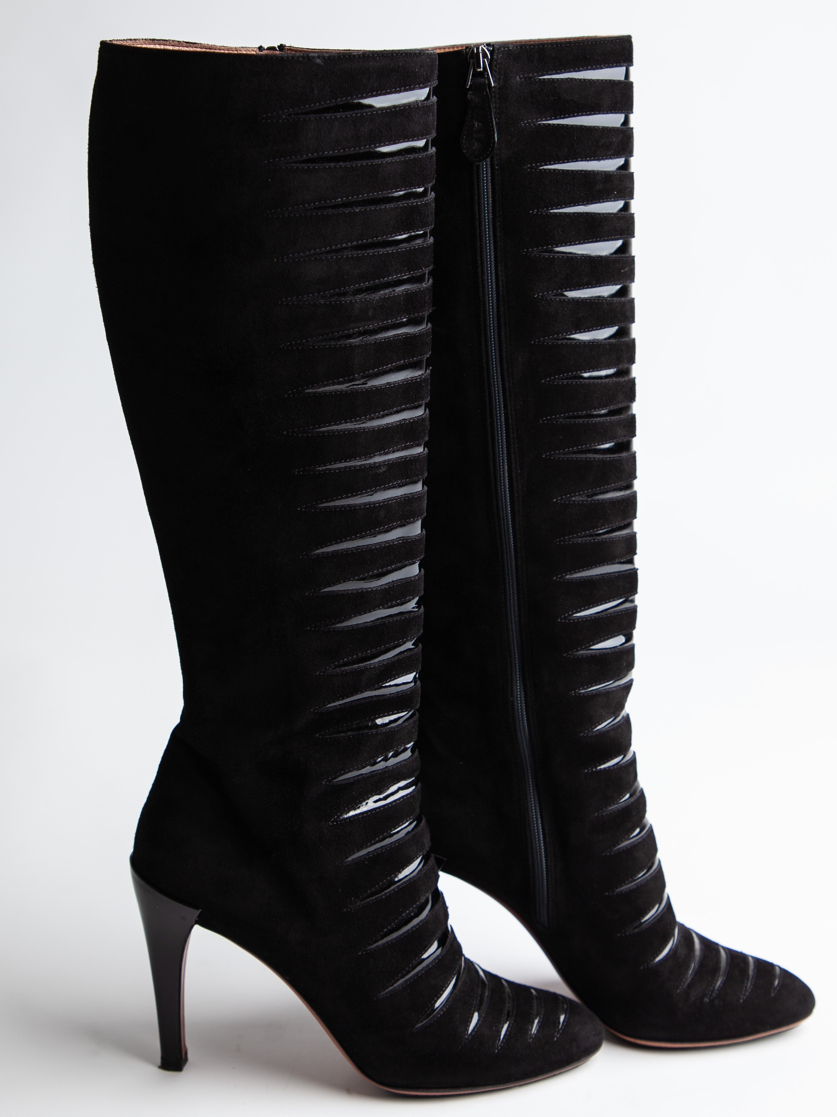 Good Alaia Black Genuine Suede Knee-High Boots with Glossy Bands