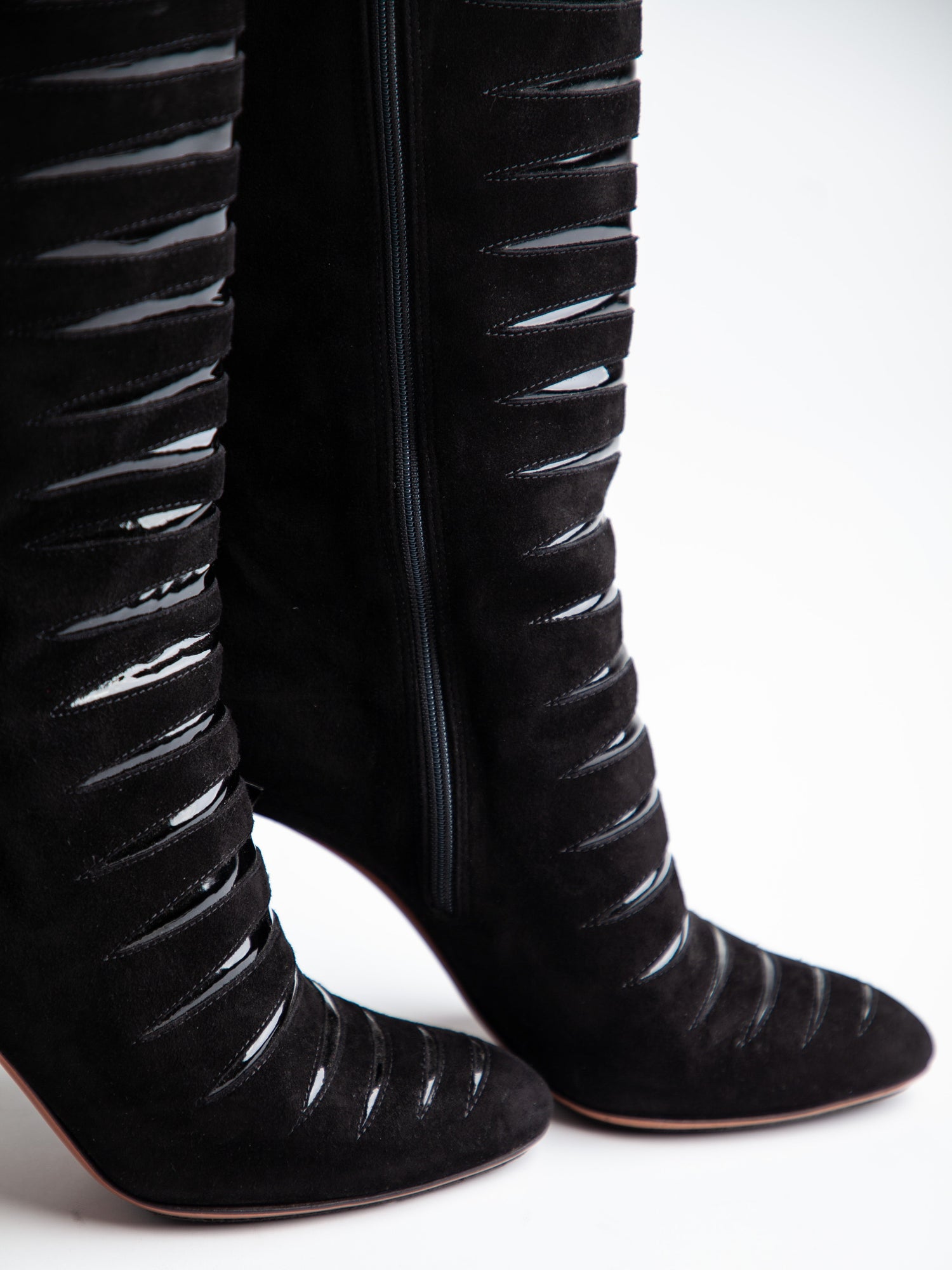 Good Alaia Black Genuine Suede Knee-High Boots with Glossy Bands