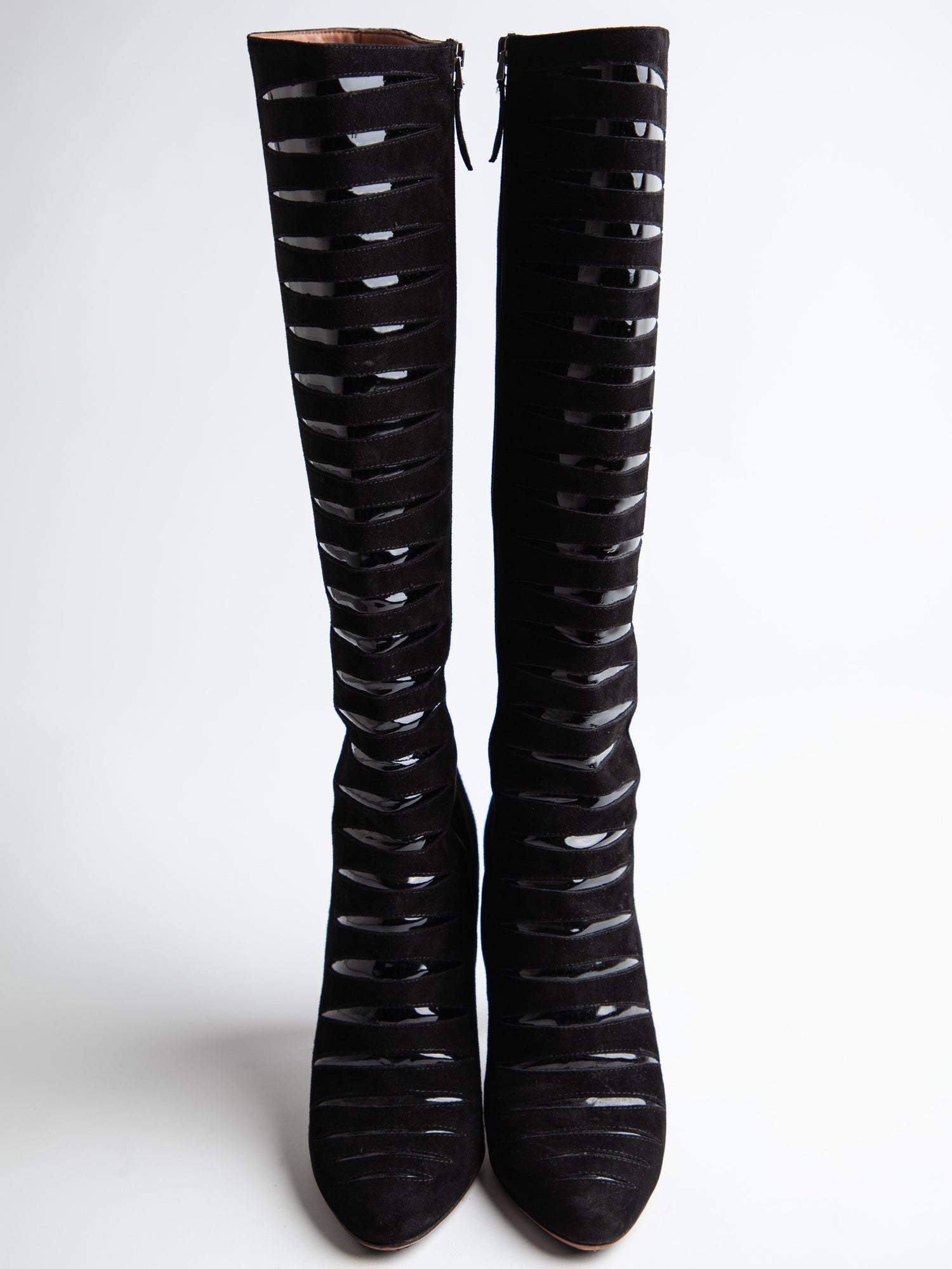 Good Alaia Black Genuine Suede Knee-High Boots with Glossy Bands