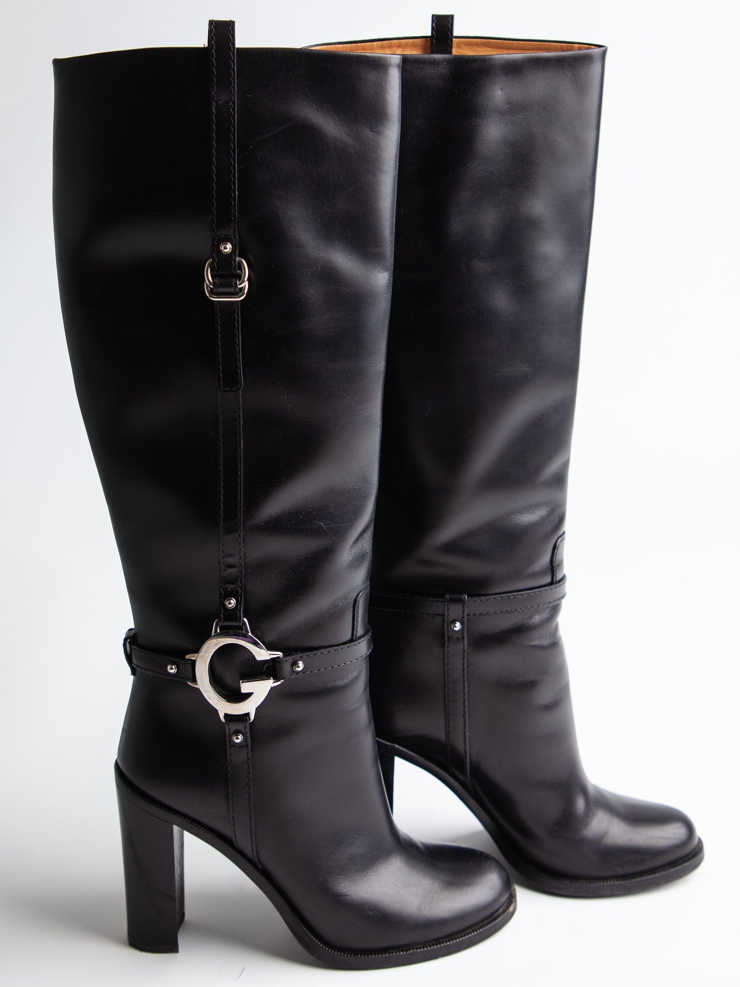 Good Gucci Black Leather Knee-High Boots Size 38.5 with High Heels