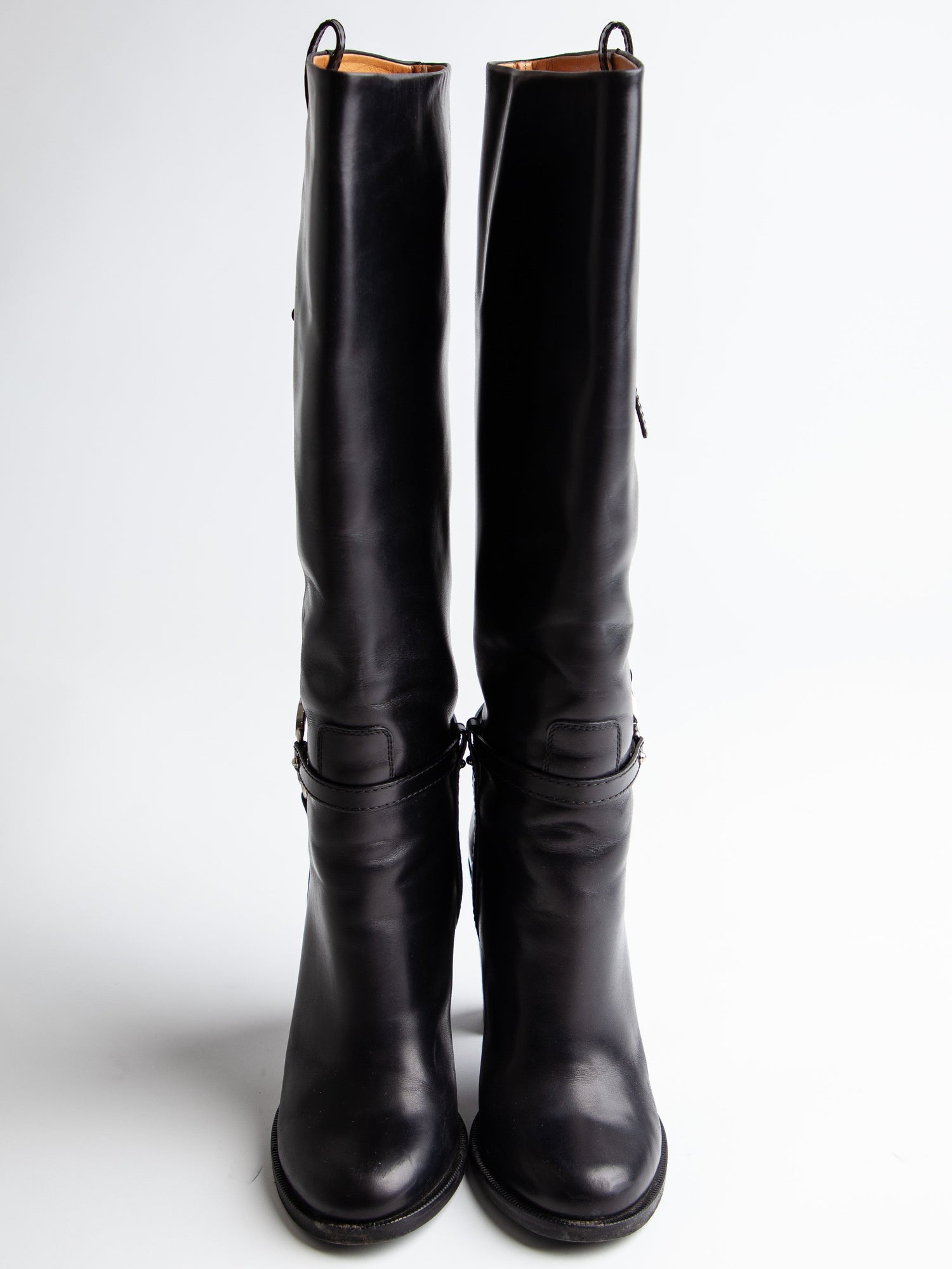 Good Gucci Black Leather Knee-High Boots Size 38.5 with High Heels