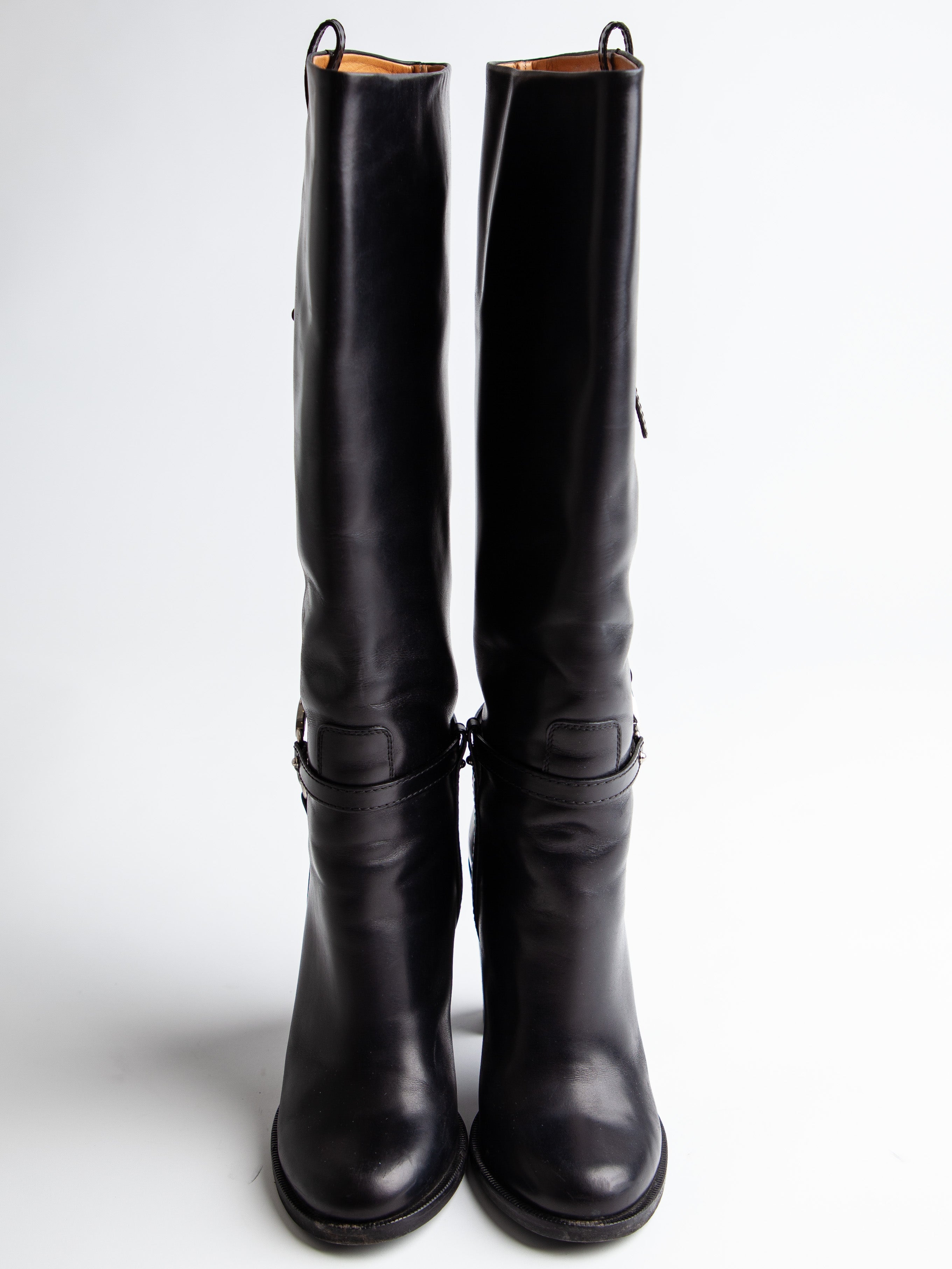 Good Gucci Black Leather Knee-High Boots Size 38.5 with High Heels