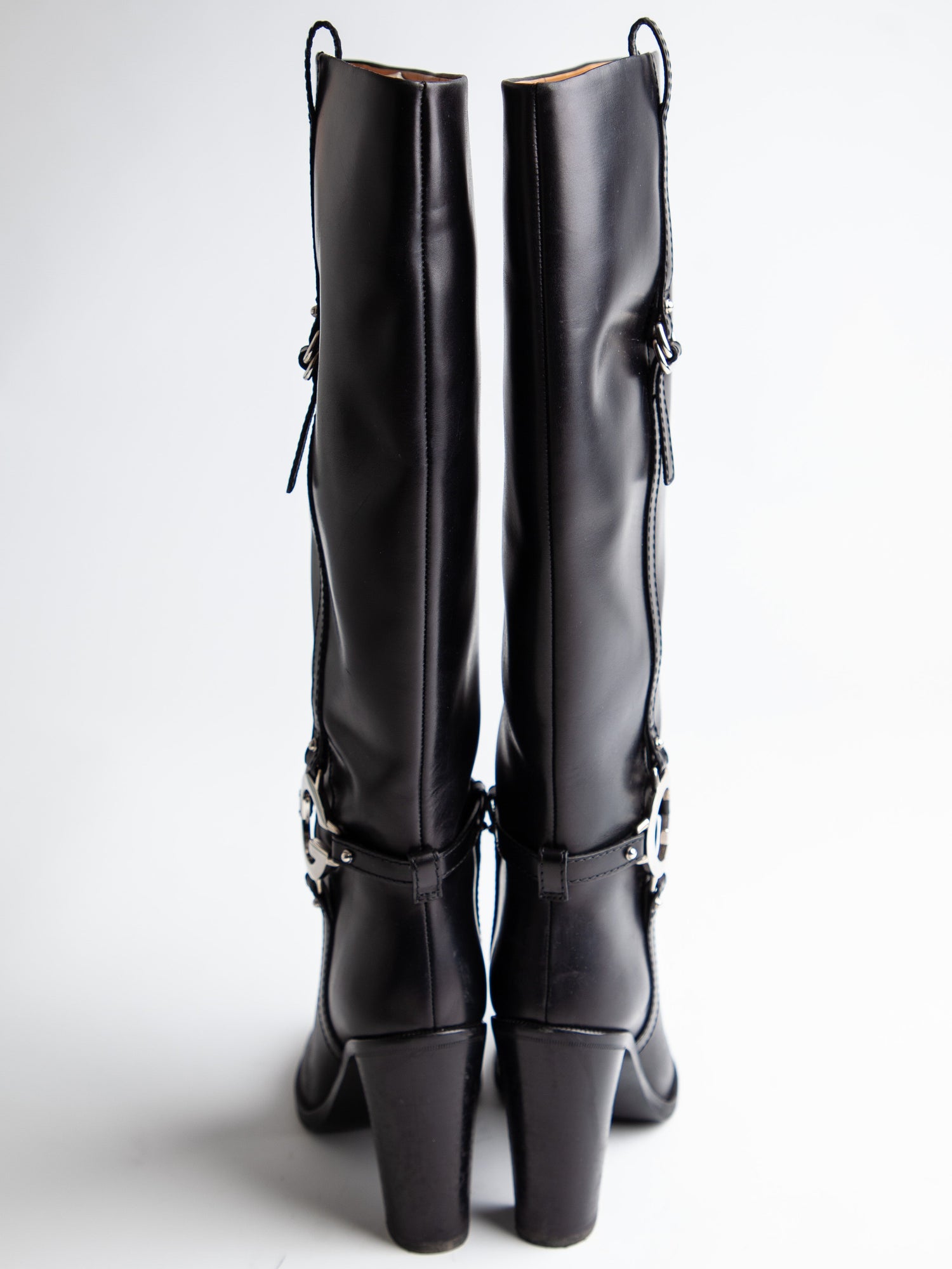 Good Gucci Black Leather Knee-High Boots Size 38.5 with High Heels