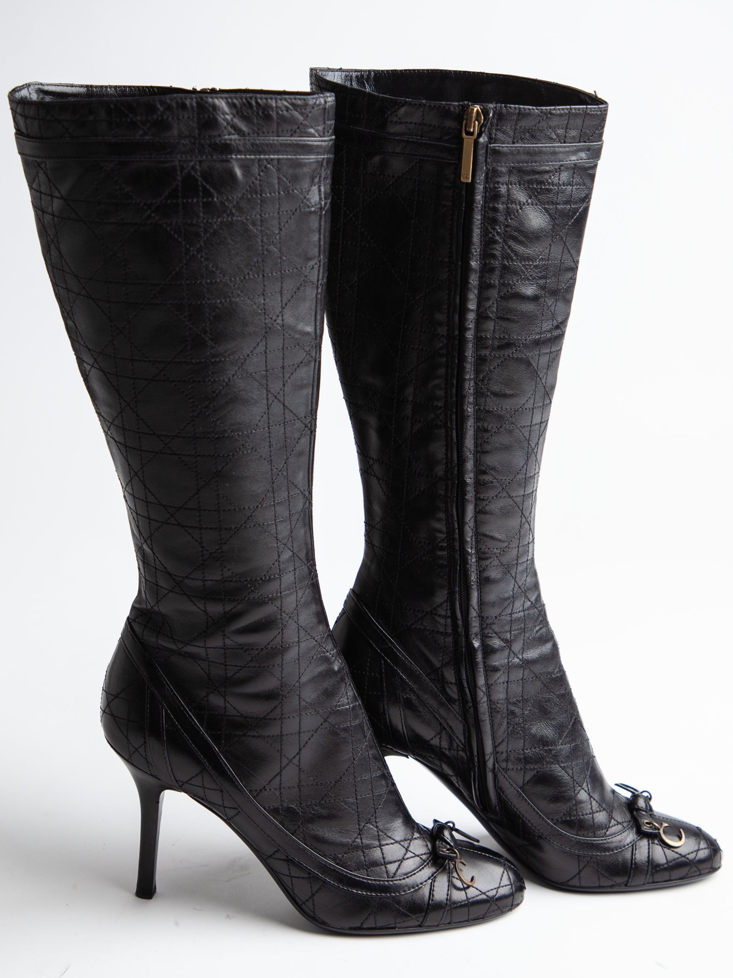 Good Condition Dior Black Leather Knee-High Boots with High Heels