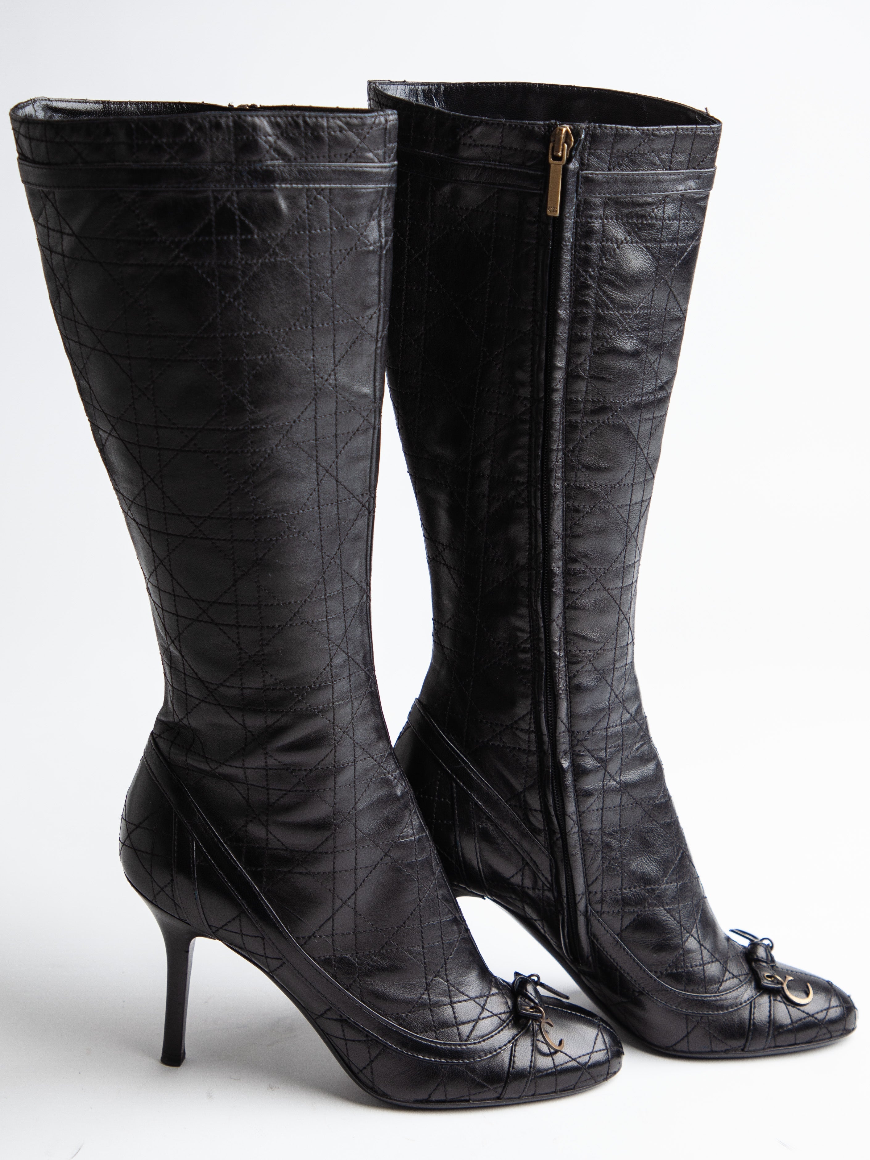 Good Condition Dior Black Leather Knee-High Boots with High Heels