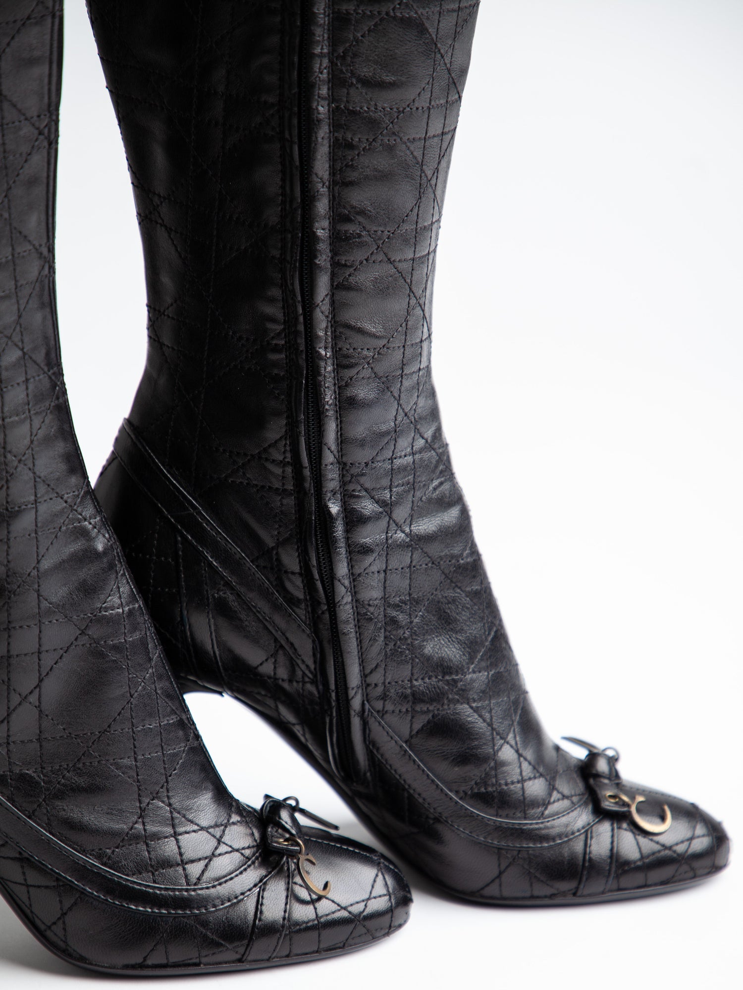 Good Condition Dior Black Leather Knee-High Boots with High Heels