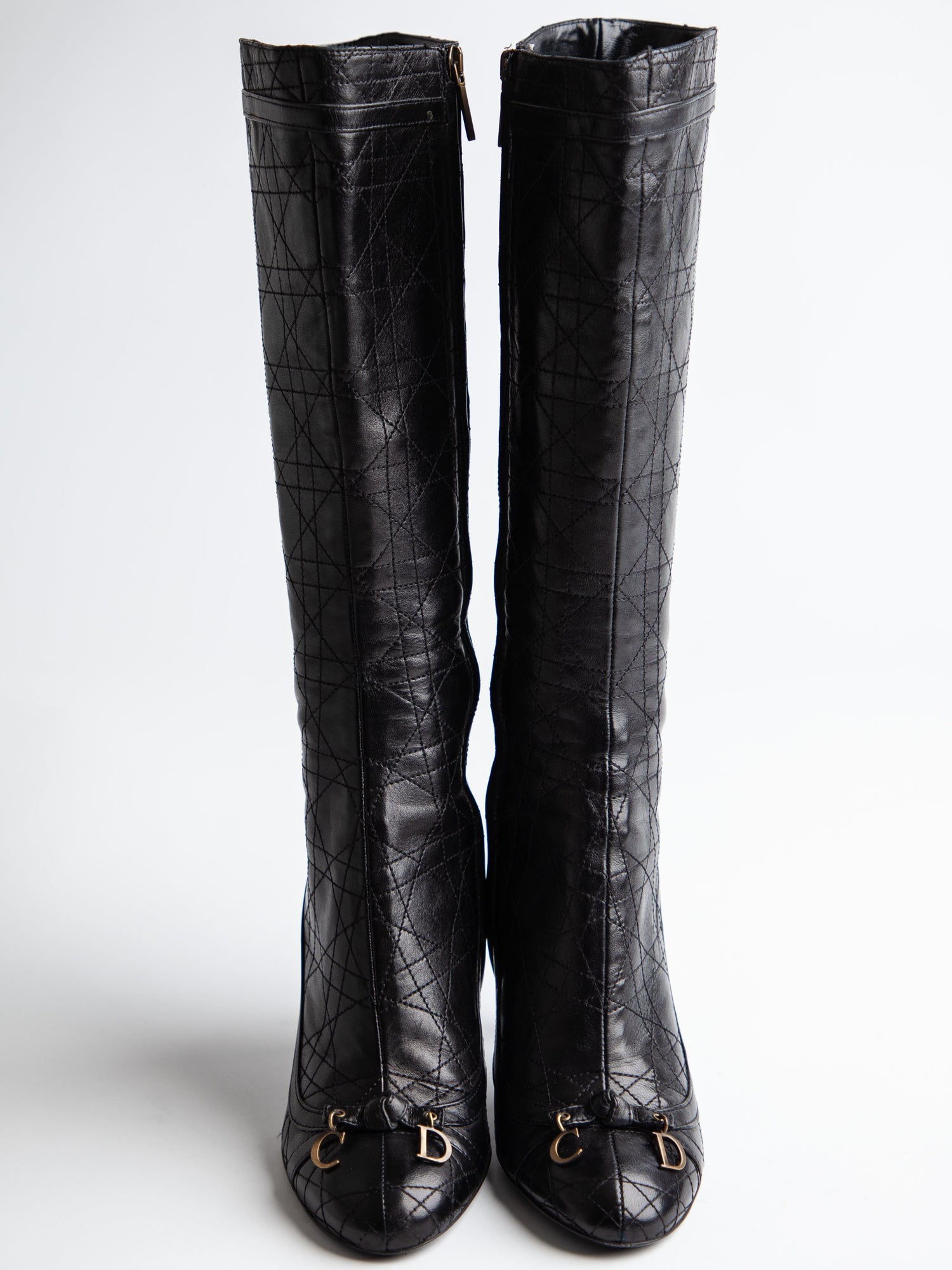 Good Condition Dior Black Leather Knee-High Boots with High Heels