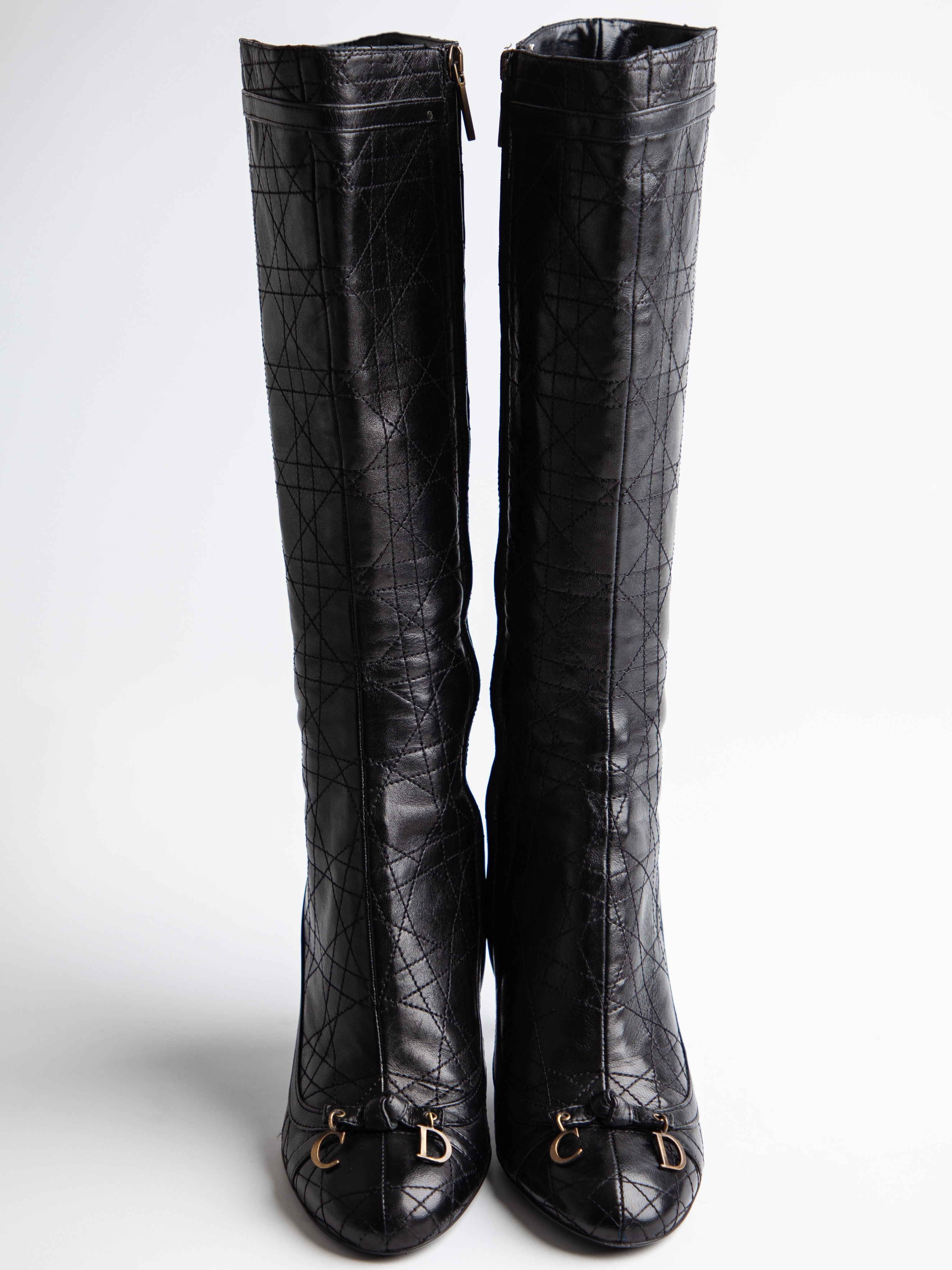 Good Condition Dior Black Leather Knee-High Boots with High Heels
