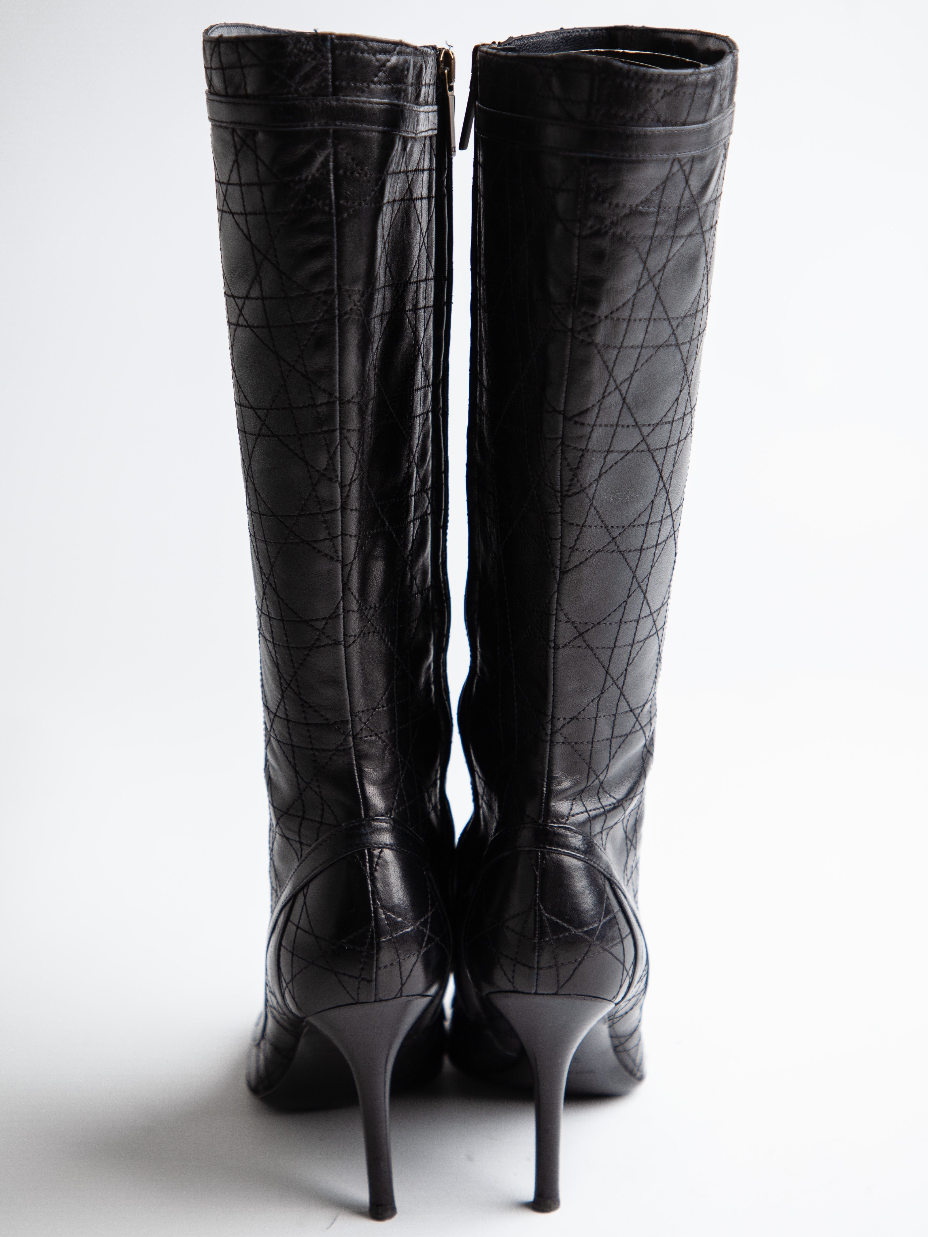 Good Condition Dior Black Leather Knee-High Boots with High Heels