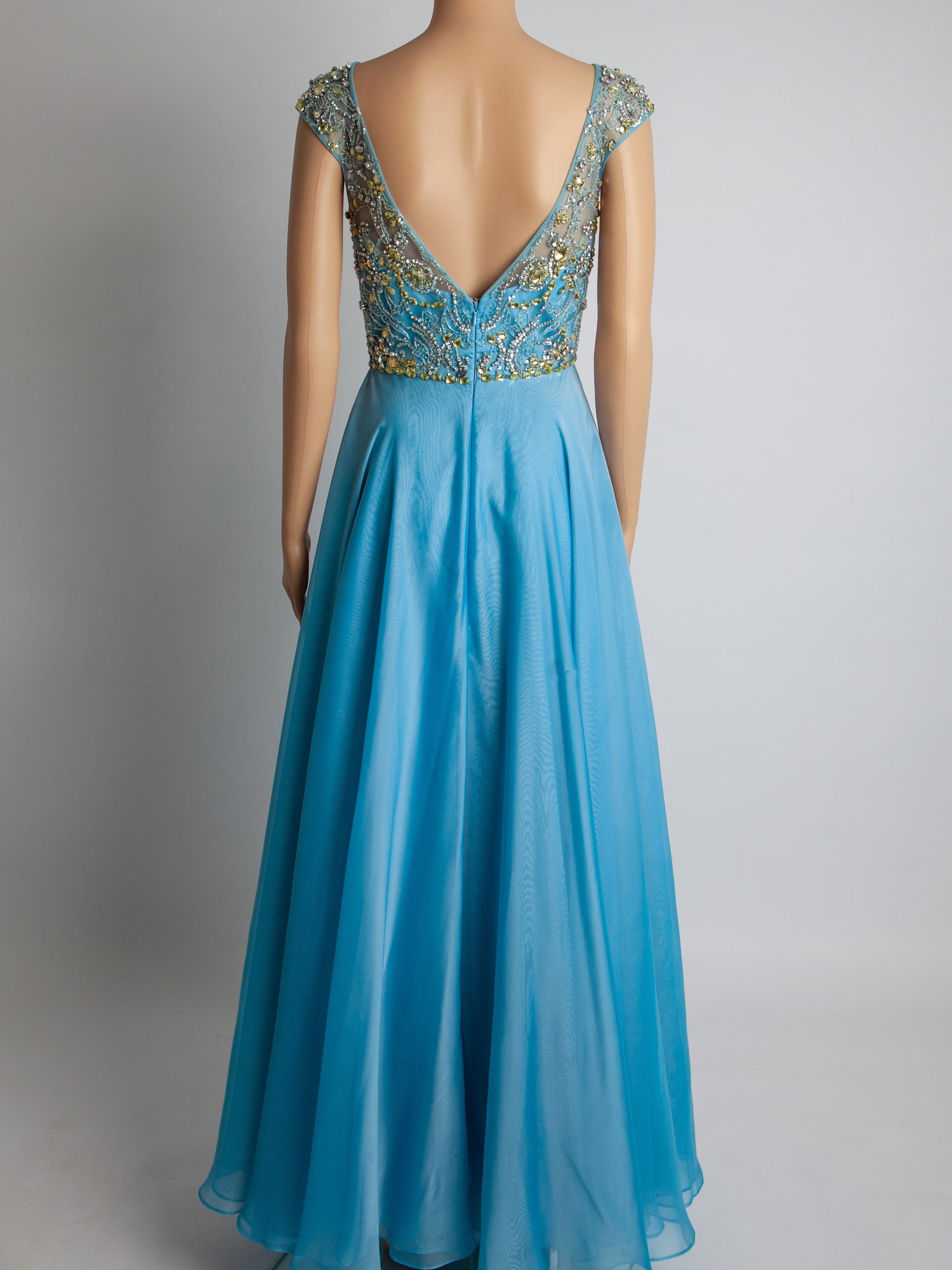 Good Sherri Hill Blue Gown XS Polyester with Beadwork & Cap Sleeves