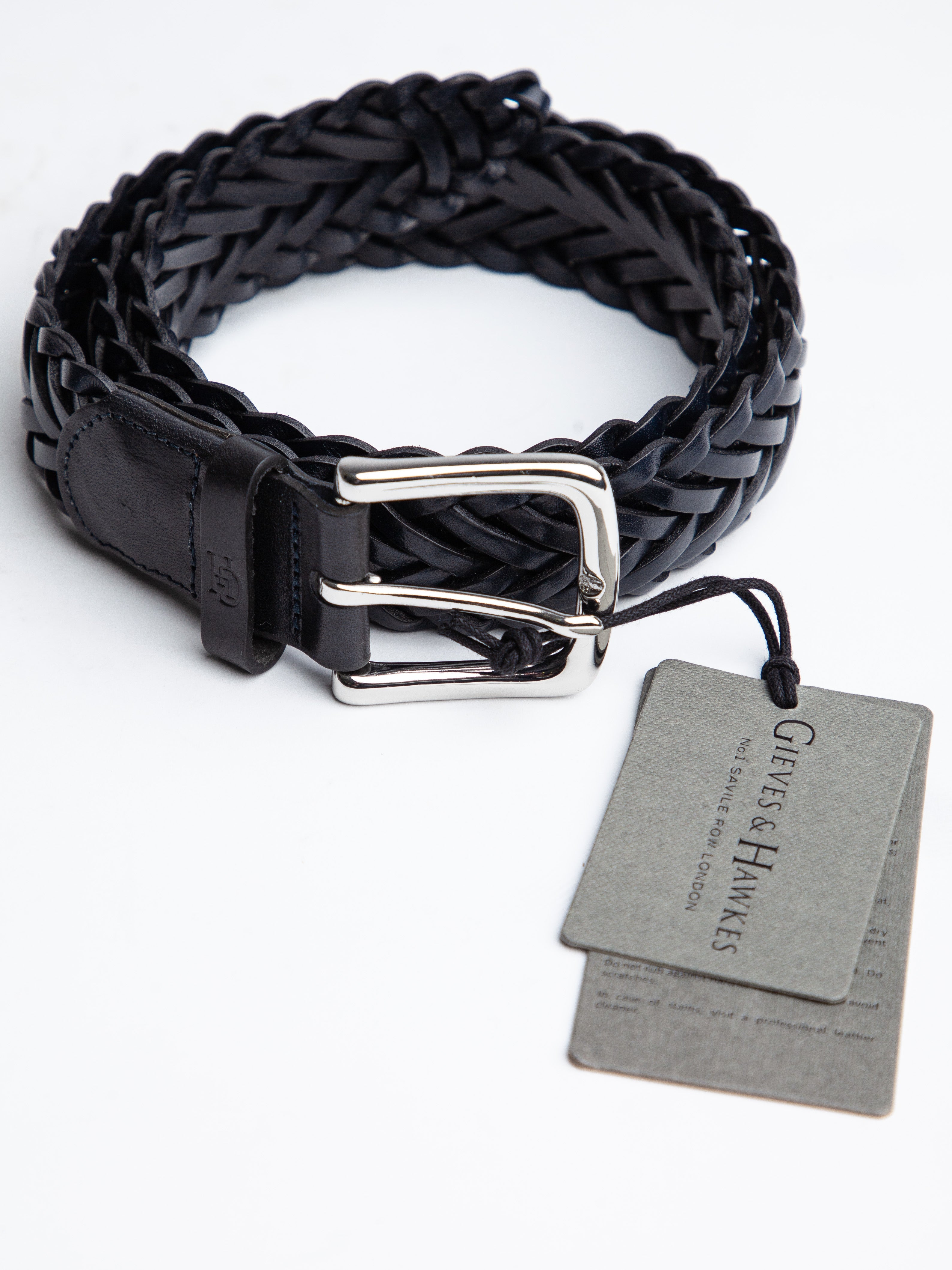 NEW Gieves and Hawkes Black Braided Leather Belt with Silver Buckle