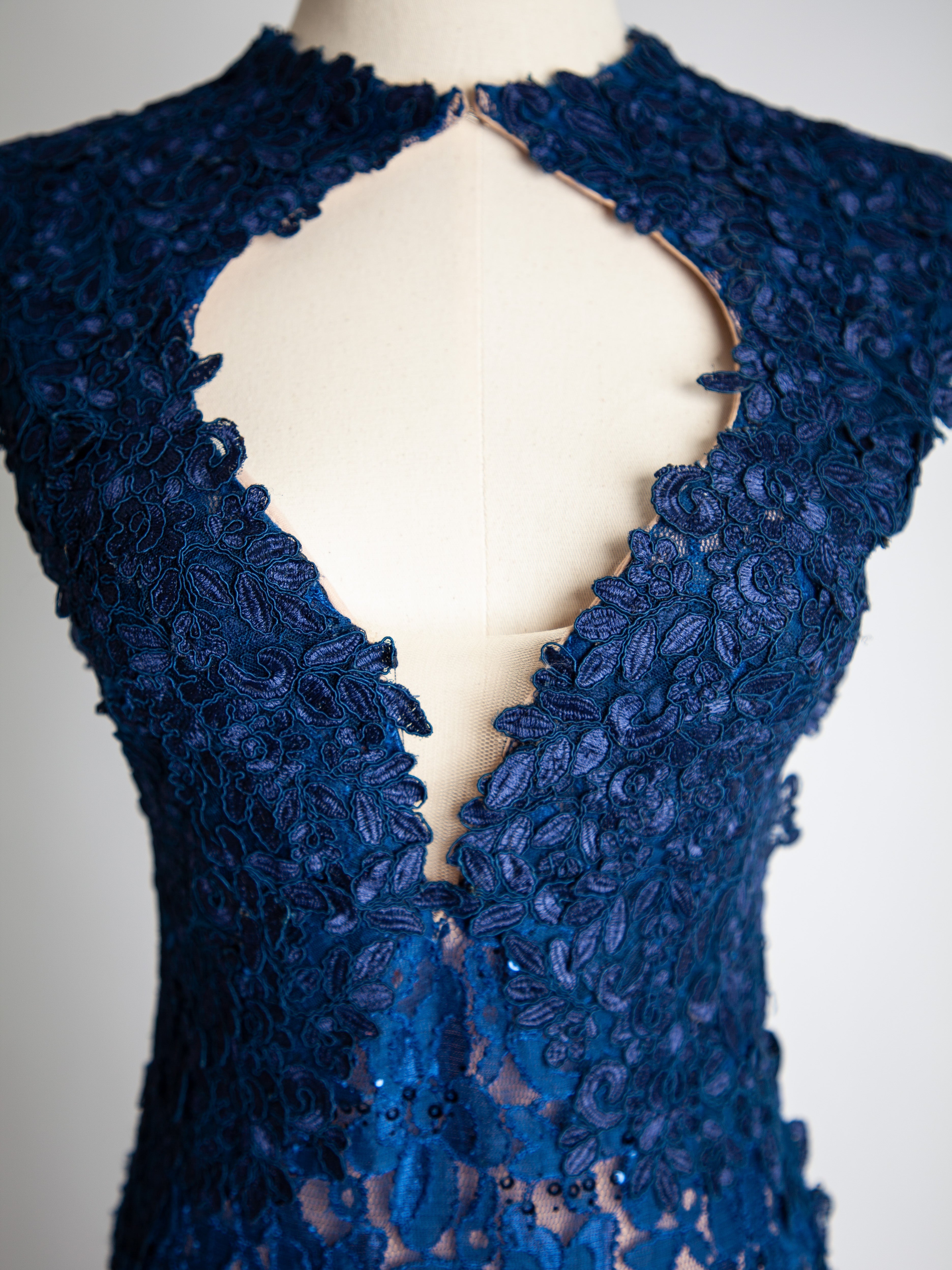 Good Jovani Blue Lace Dress with Deep V-Neckline for Women