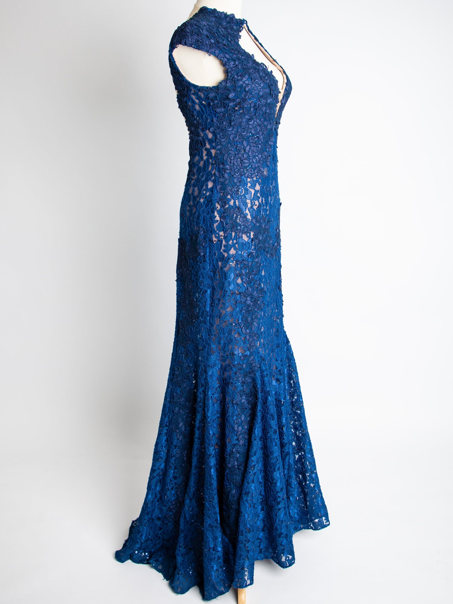 Good Jovani Blue Lace Dress with Deep V-Neckline for Women