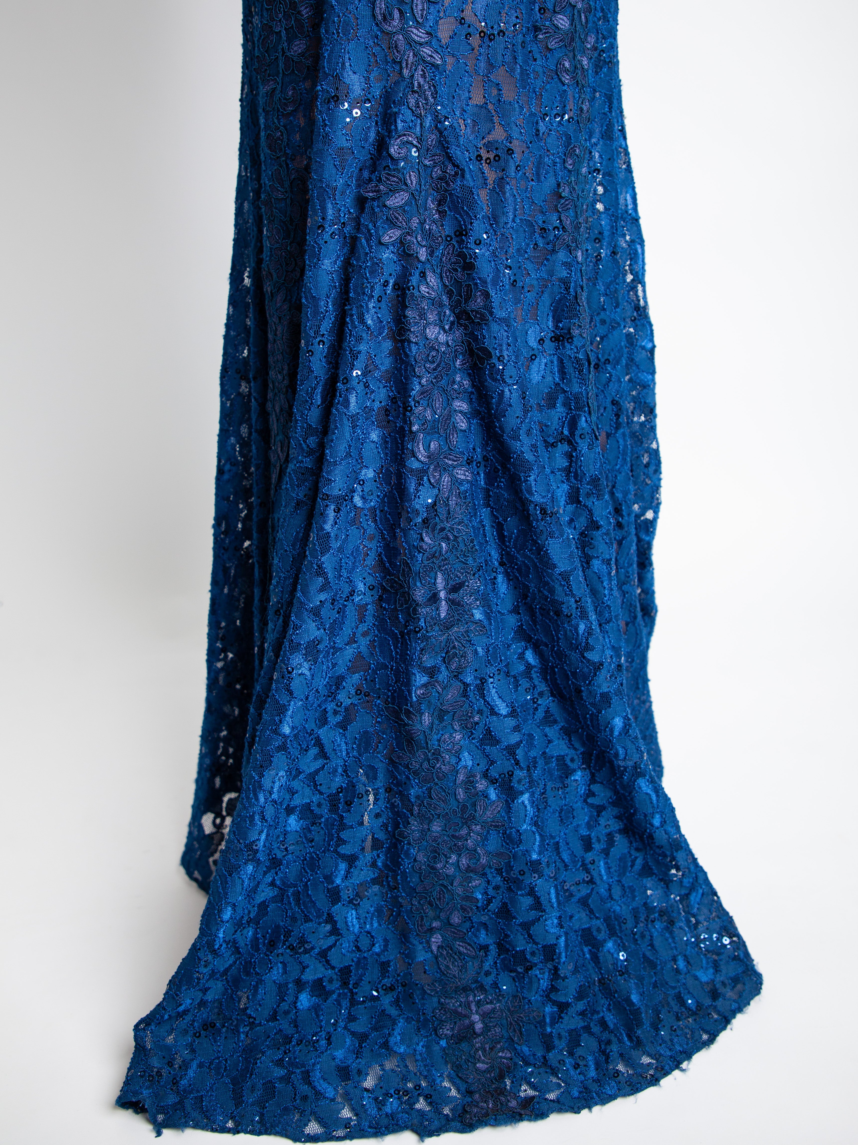 Good Jovani Blue Lace Dress with Deep V-Neckline for Women