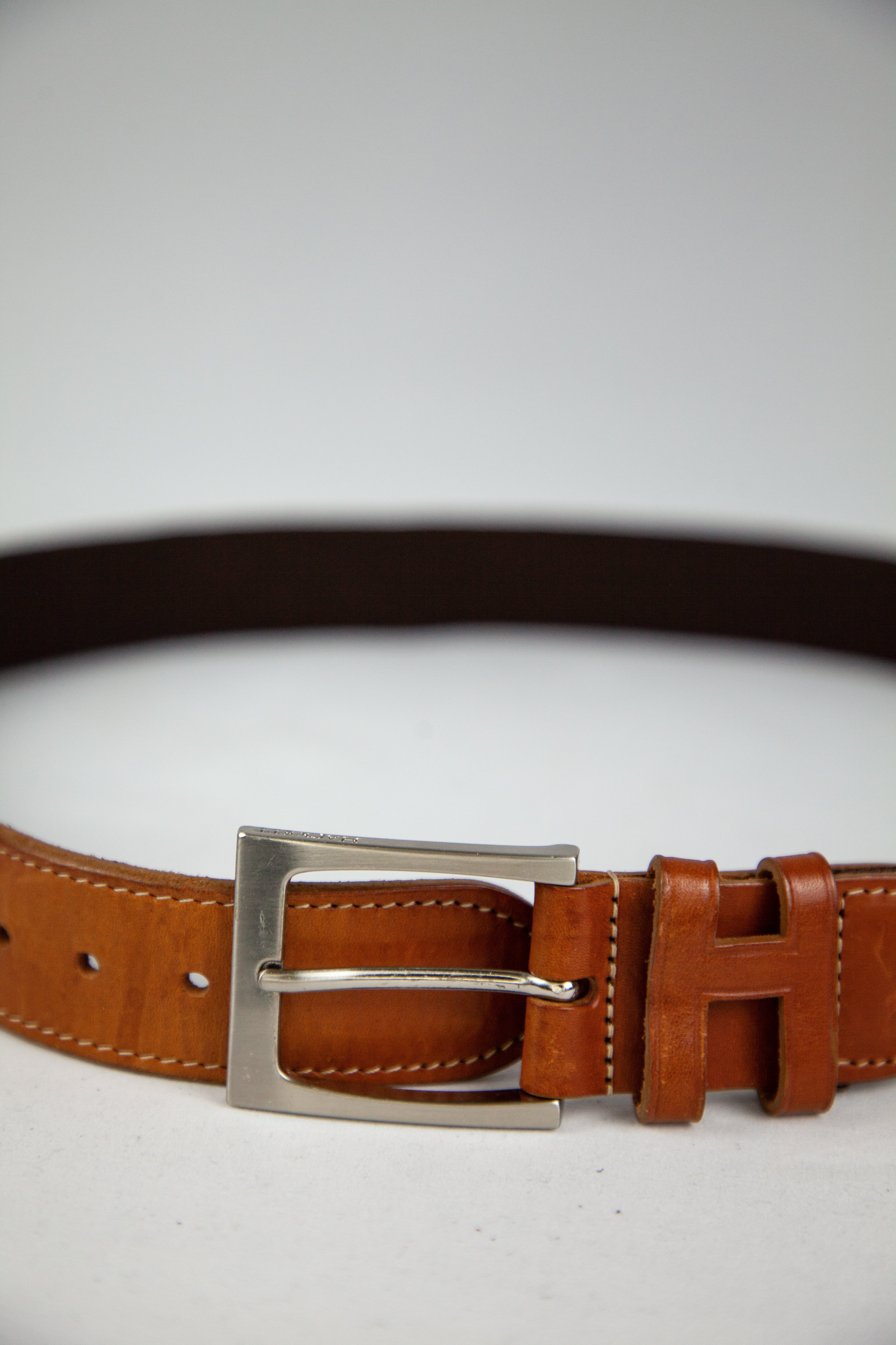 Good Hackett Brown Leather & Fabric Belt with Silver Buckle