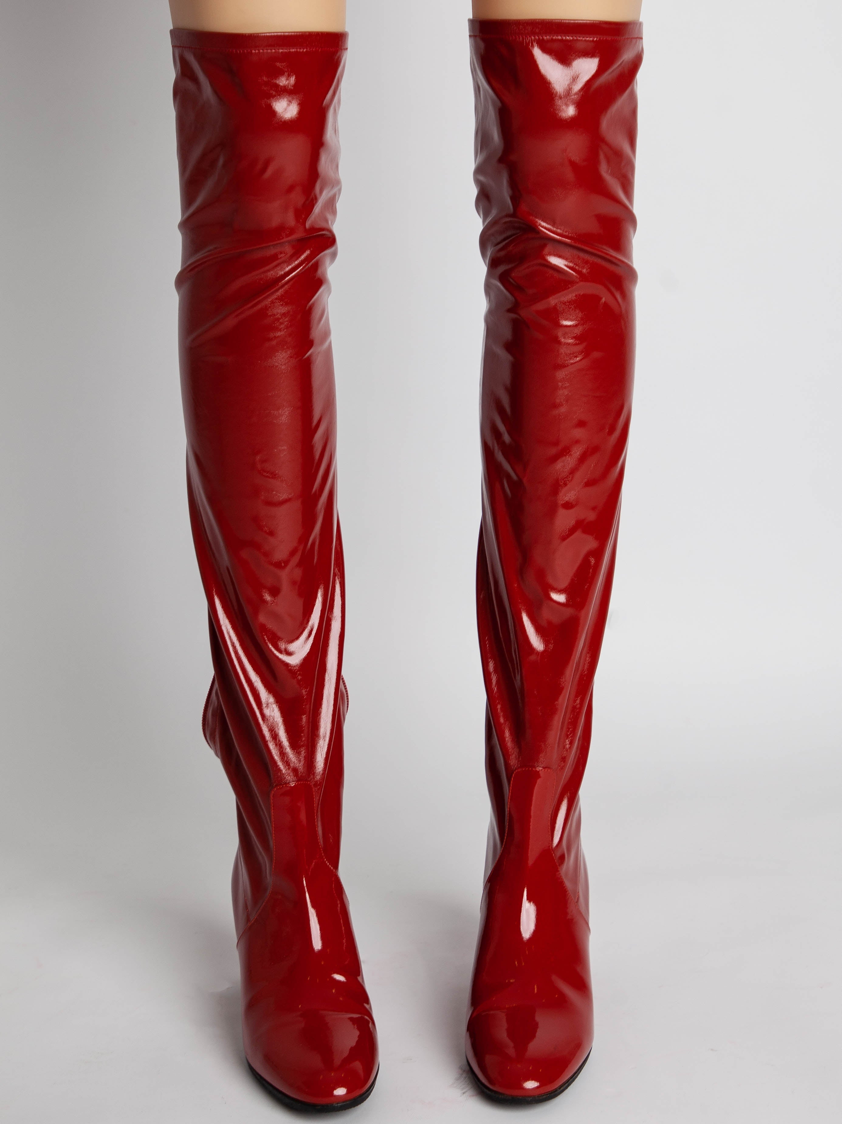 Good Valentino Red Leather Thigh-High Boots Size 36.5 with Block Heels