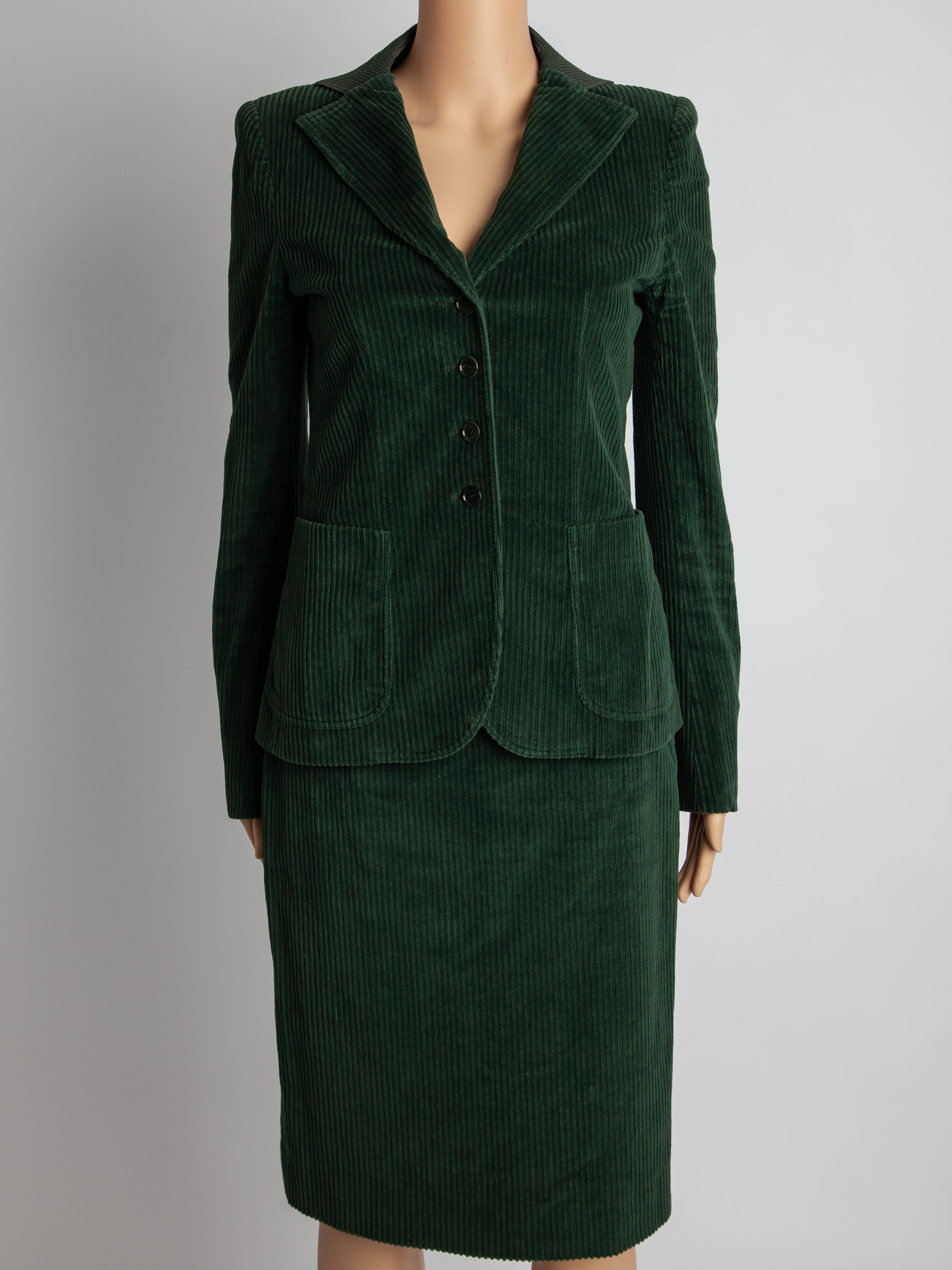 Good Moschino Green Cotton Corduroy Blazer Skirt Suit Size M