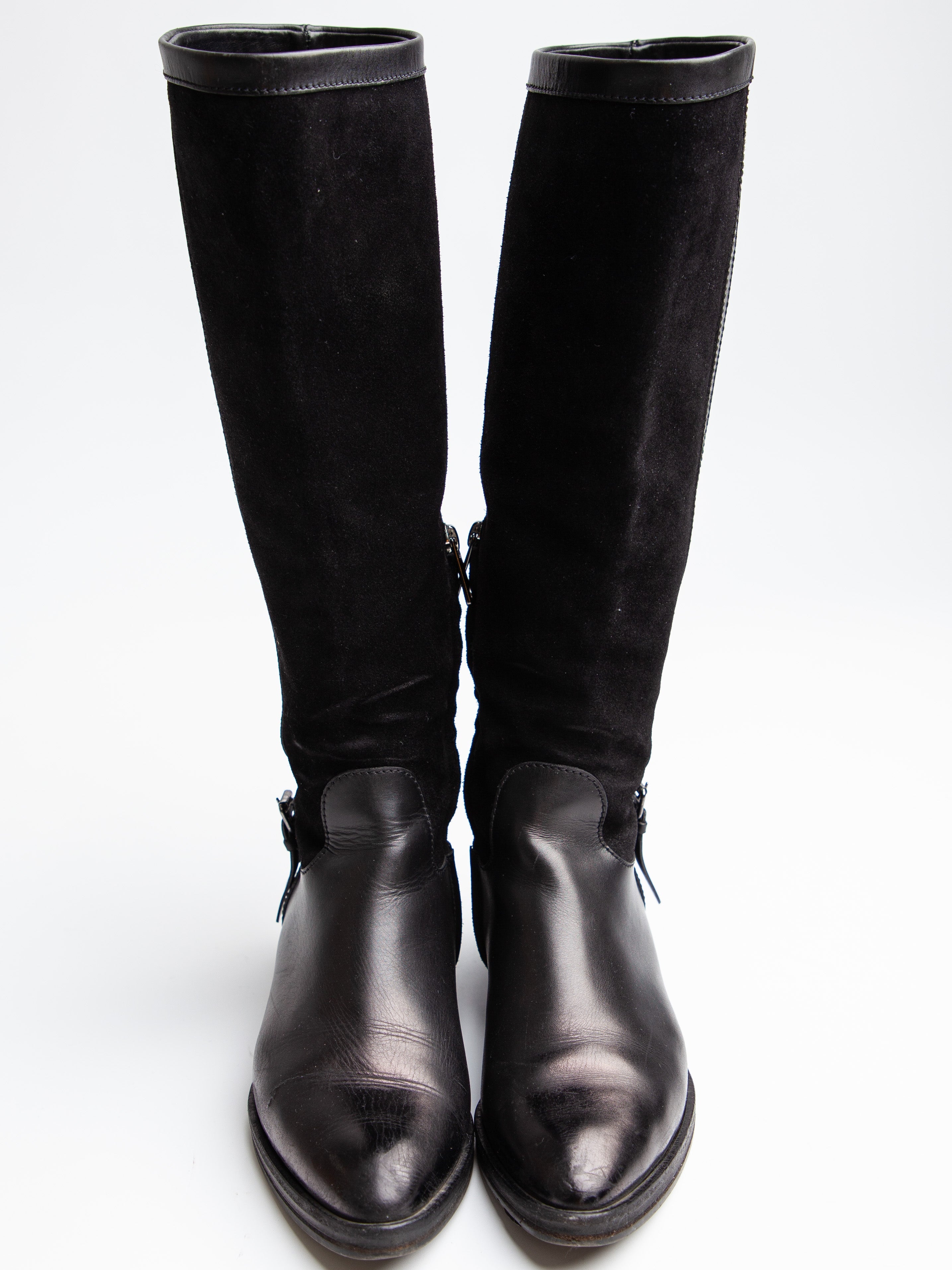 Good Giorgio Armani Black Leather Knee-High Boots with Buckle Detail