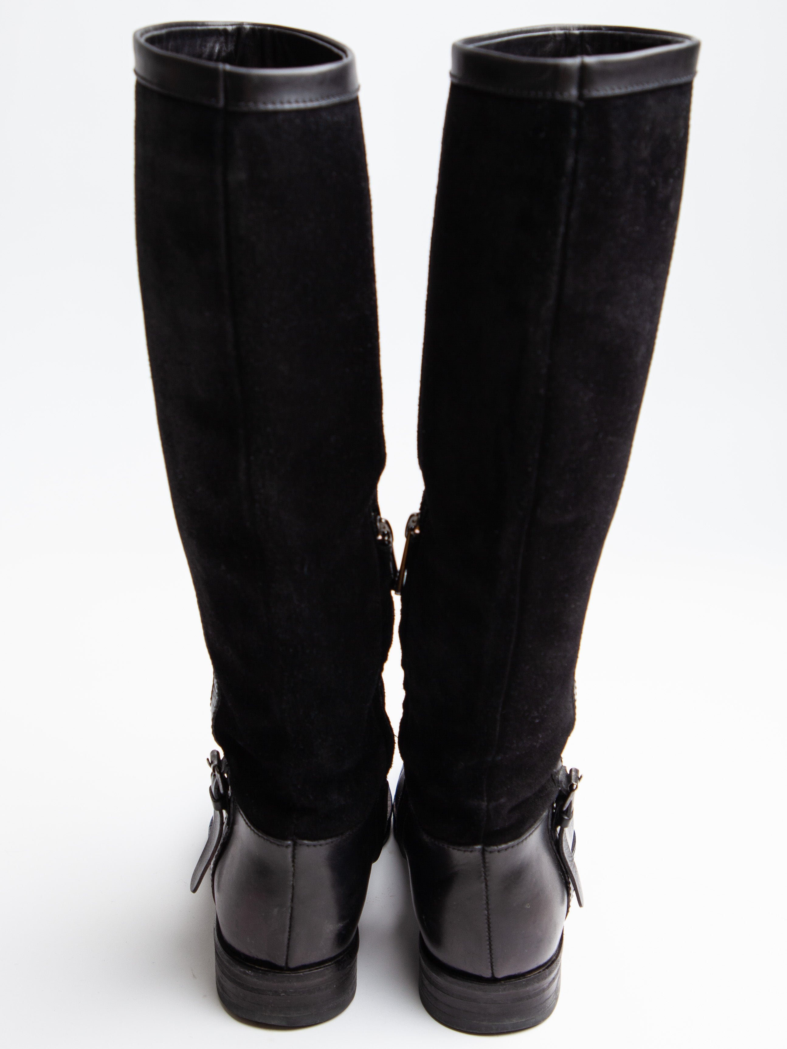 Good Giorgio Armani Black Leather Knee-High Boots with Buckle Detail