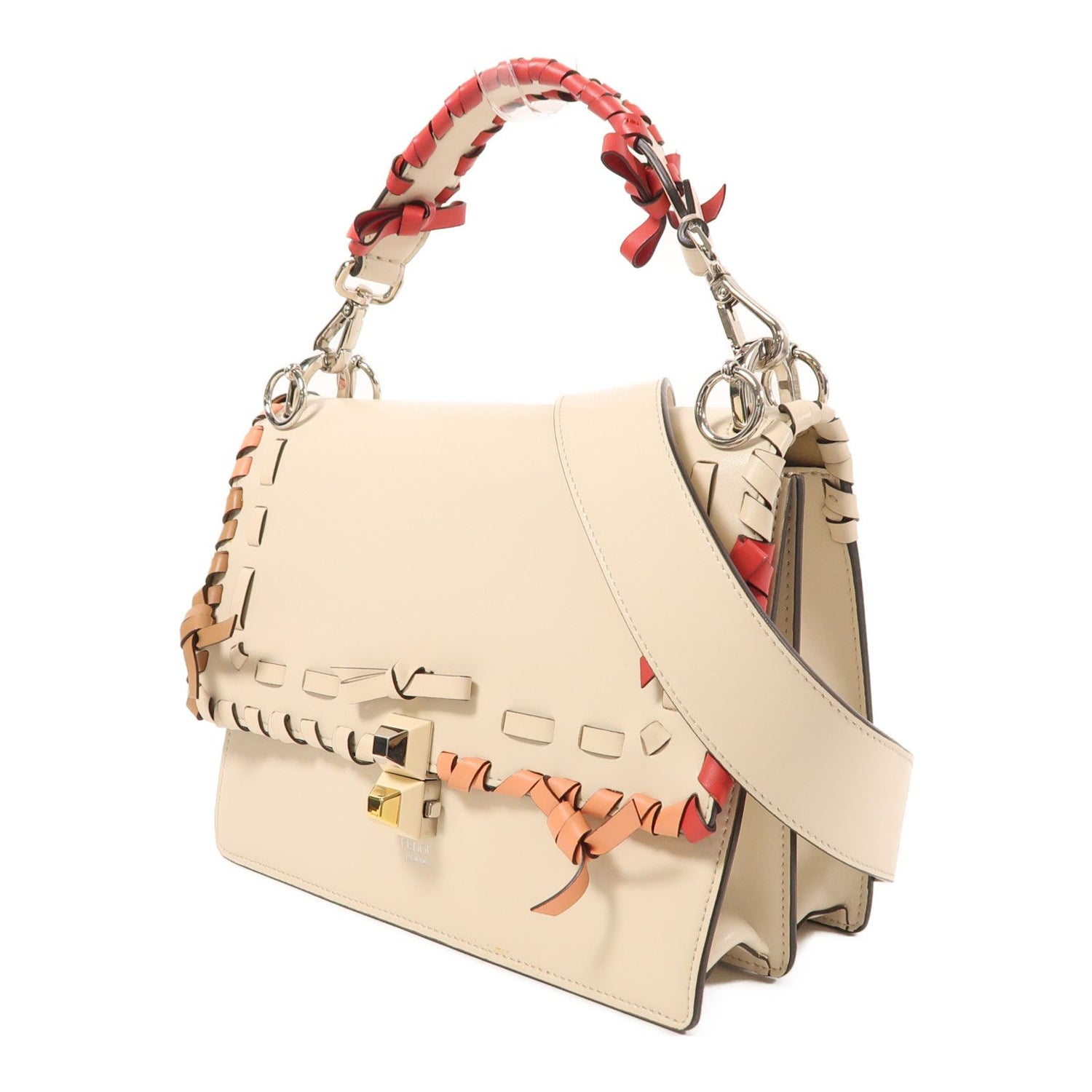 Fendi Cowhide Leather Vitello Bow Kan I Silver Hand-handed Shoulder And Back Bag 2way Shoulder Bag Beige White Calfskin